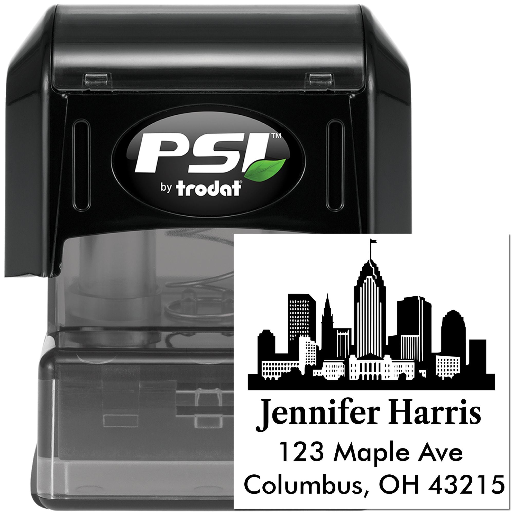 Custom self-inking rubber address stamp with skyline design, Jennifer Harris, 123 Maple Ave, Columbus, OH 43215, PSI by Trodat