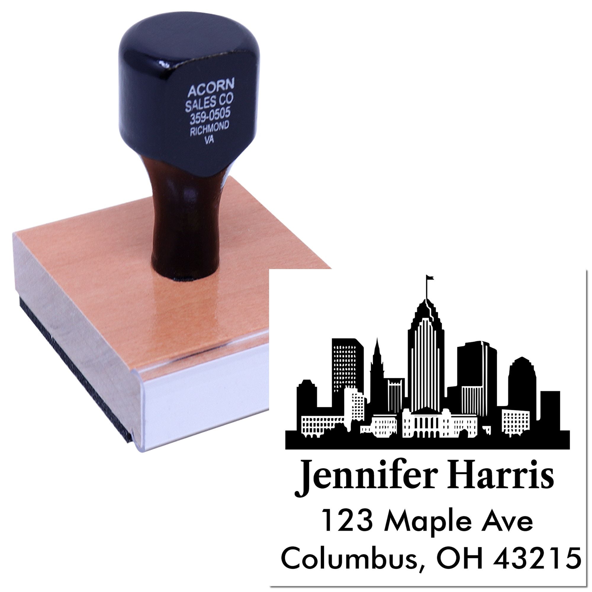 Custom return address rubber stamp with city skyline design for Jennifer Harris, Columbus, OH 43215.