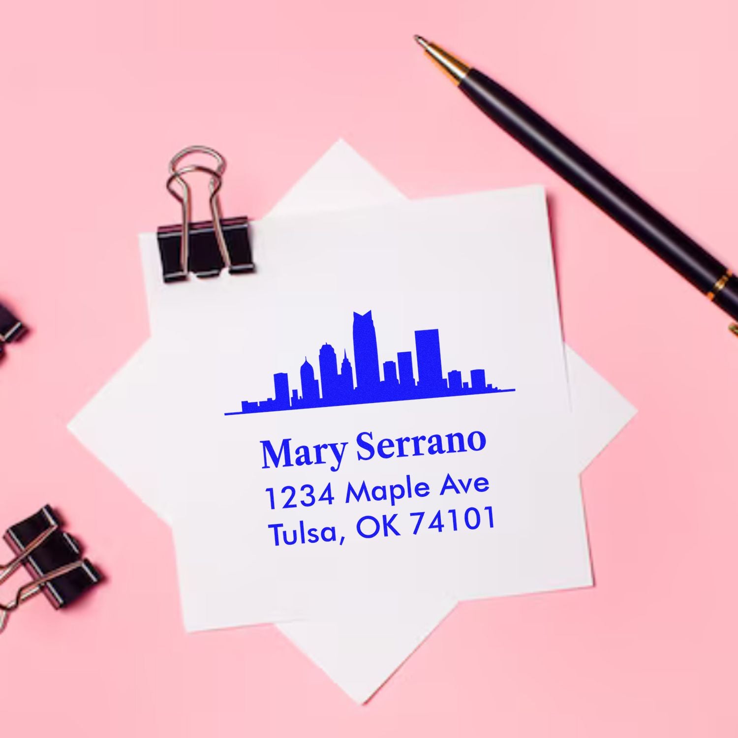 Custom return address rubber stamp with skyline design for mailing envelopes, personalized for Mary Serrano in Tulsa, OK.