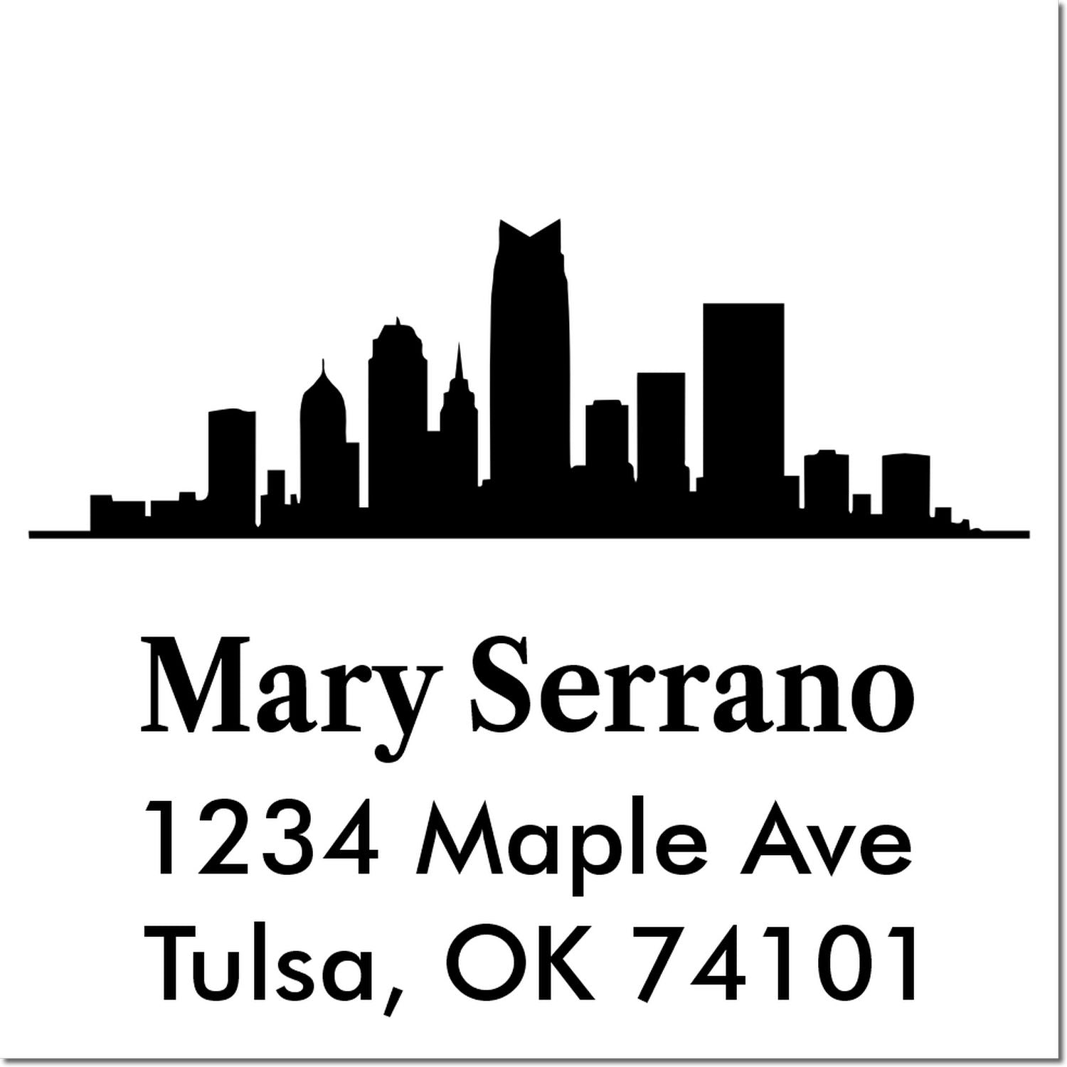 Custom return address rubber stamp with Tulsa skyline: Mary Serrano, 1234 Maple Ave, Tulsa, OK 74101.