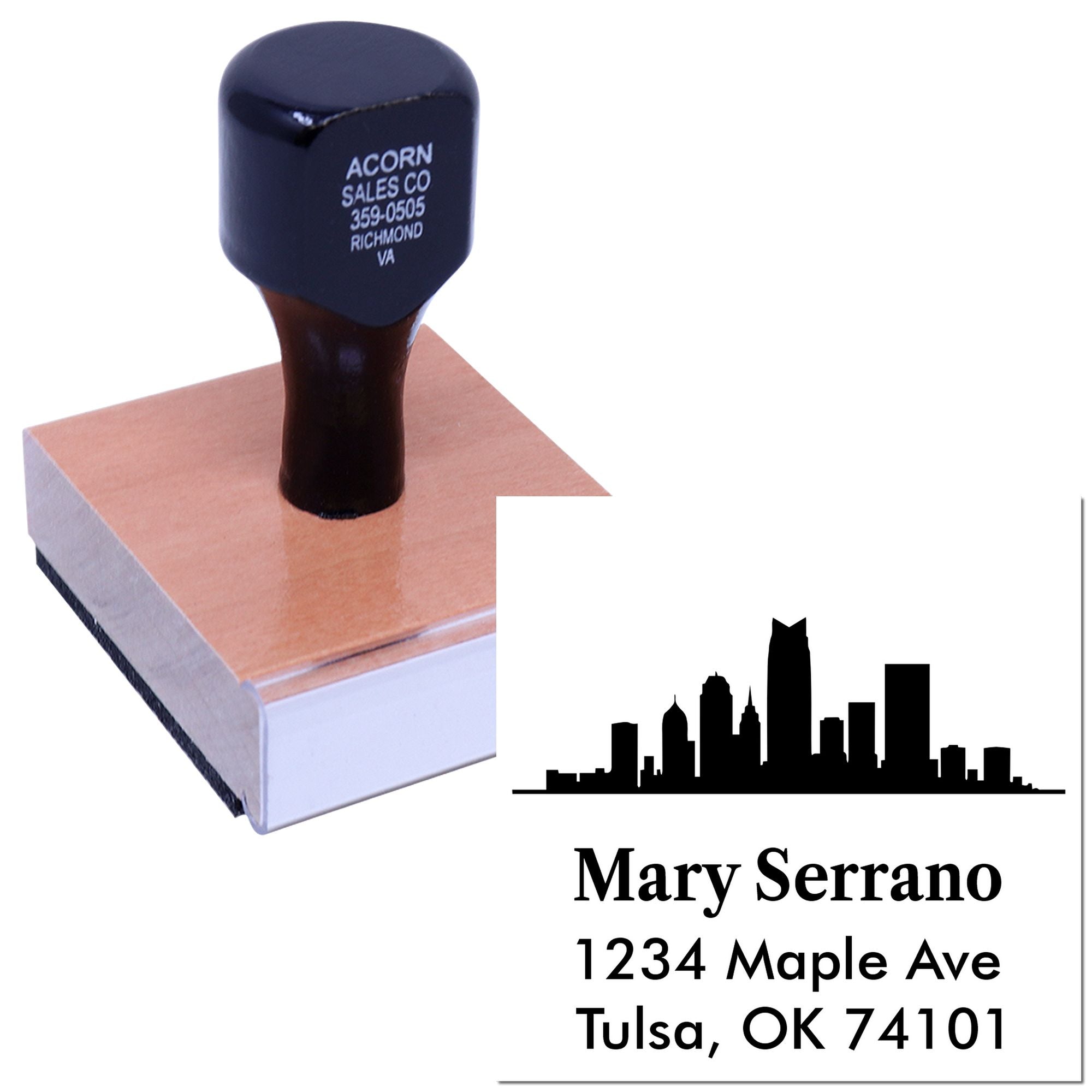 Custom return address rubber stamp with skyline logo and personalized name and address imprint for business mailings