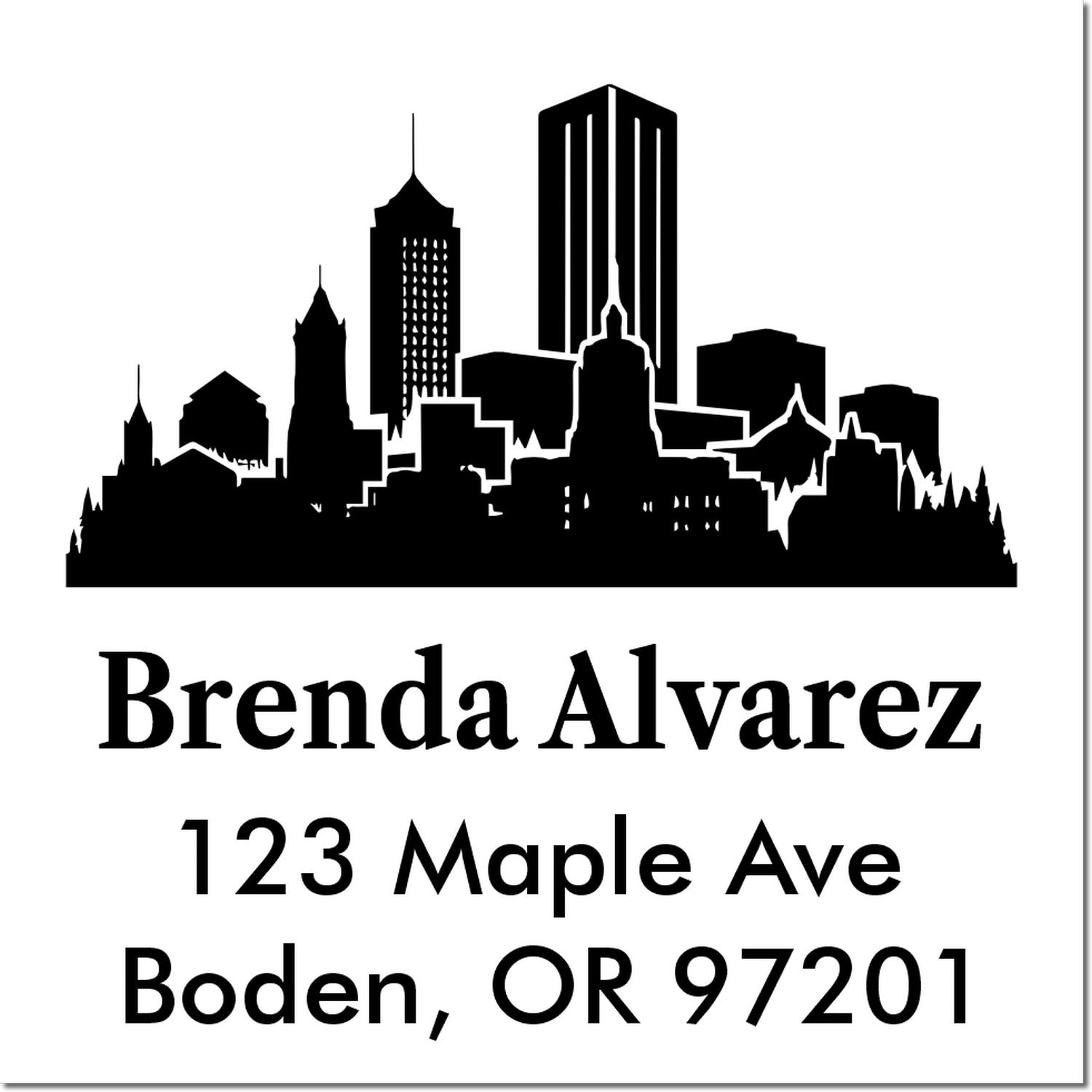 Personalized return address rubber stamp with city skyline, Brenda Alvarez, 123 Maple Ave, Boden, OR 97201.