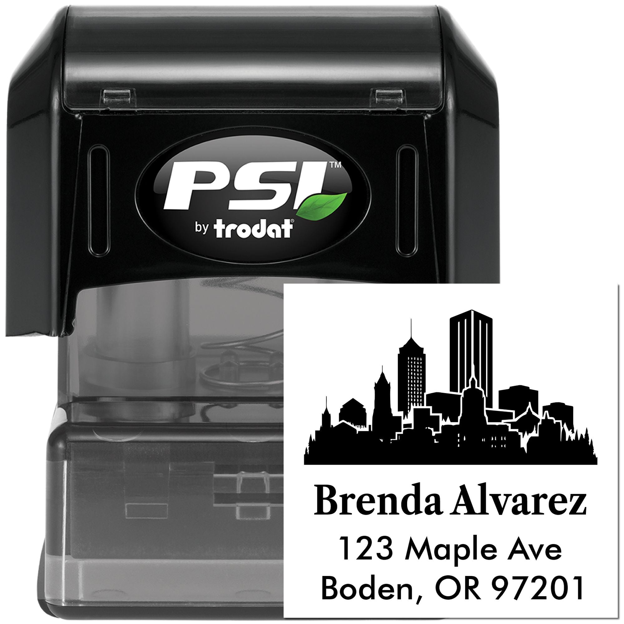 Custom self-inking PSI Trodat address rubber stamp with skyline logo, ideal for personalized business mailing and branding.
