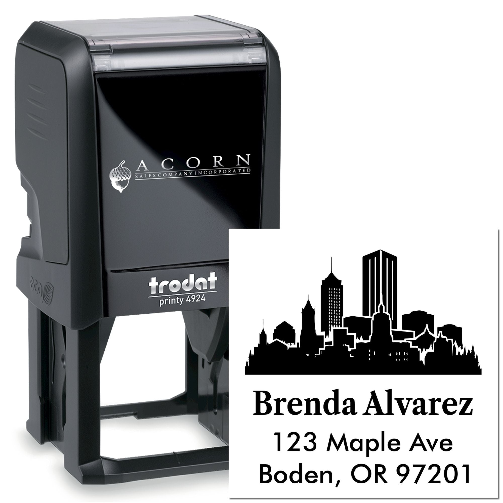 Custom self-inking rubber address stamp, Trodat Printy 4924, with skyline logo and personalized name and address imprint.
