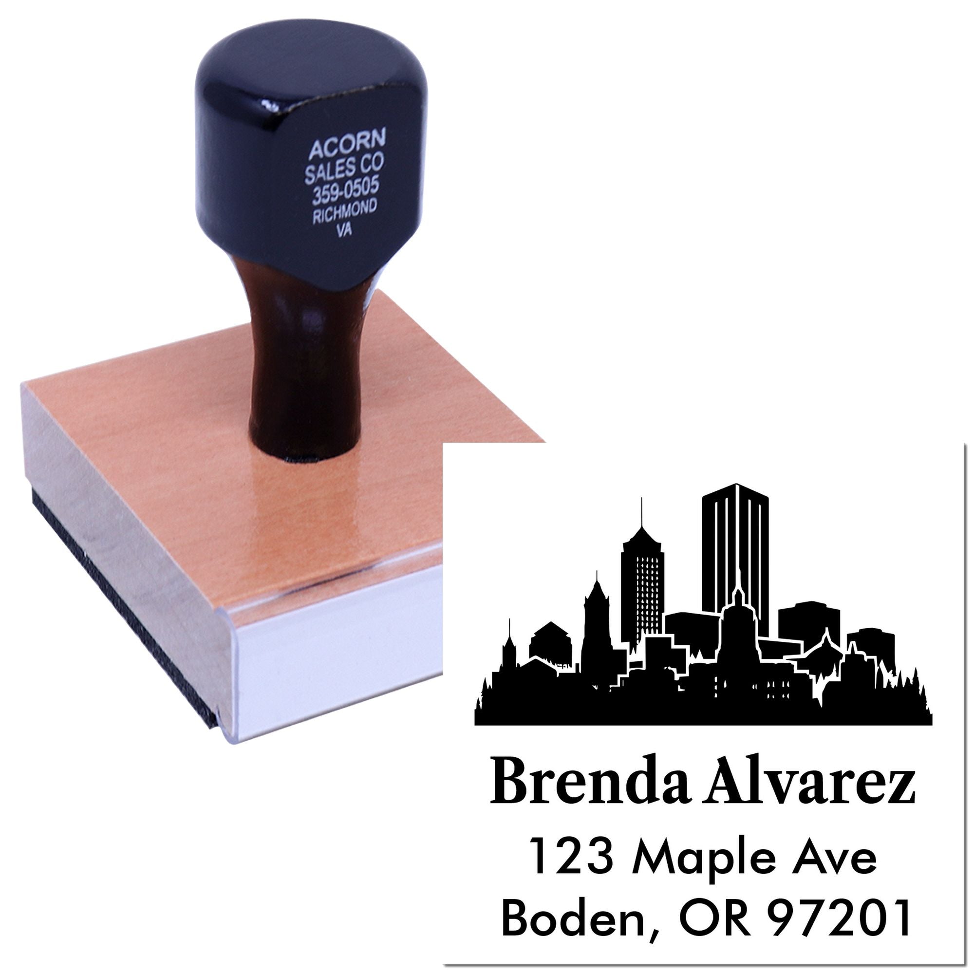 Custom return address rubber stamp with skyline logo for Brenda Alvarez, 123 Maple Ave, Boden, OR 97201.