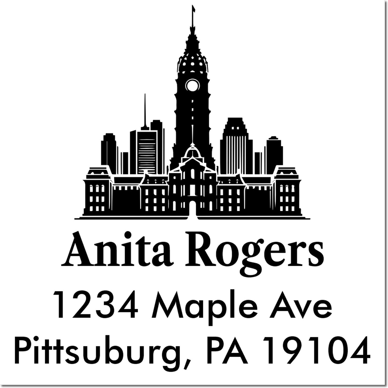 Custom Pittsburgh skyline return address rubber stamp with Anita Rogers, 1234 Maple Ave, Pittsburgh, PA 19104.