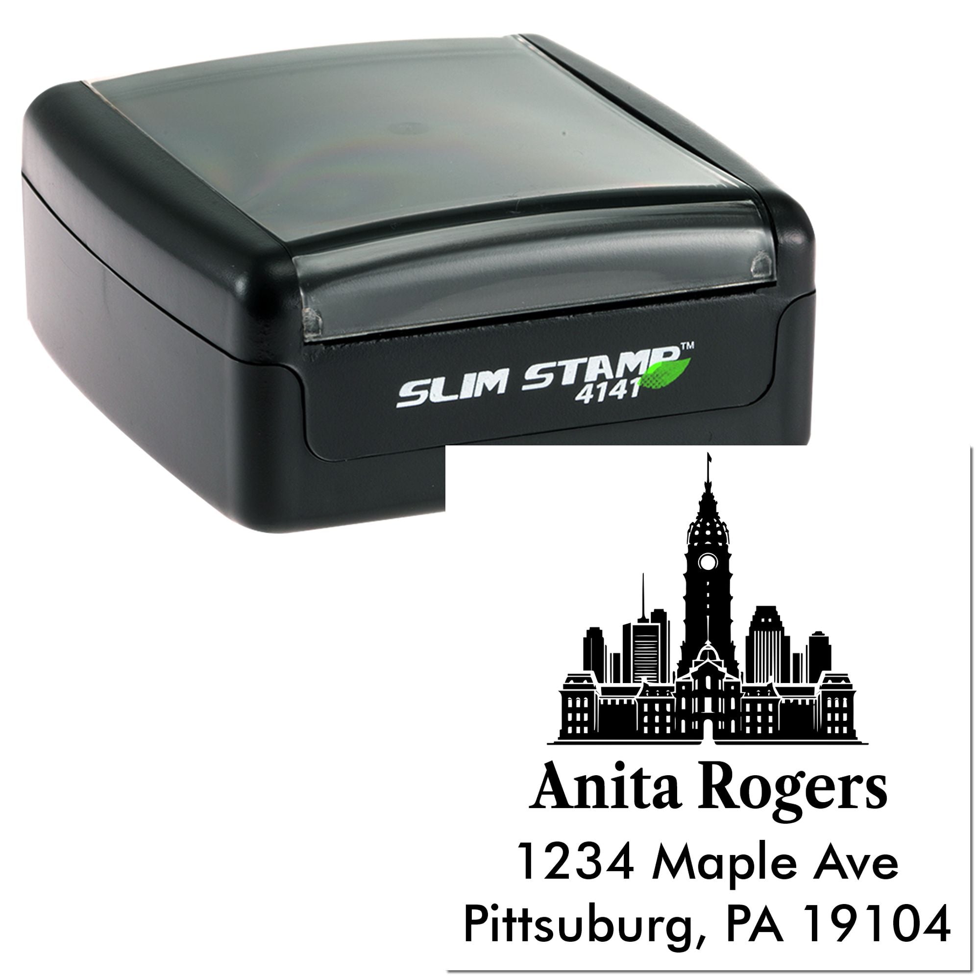 Slim self-inking custom address rubber stamp for Anita Rogers, 1234 Maple Ave, Pittsburgh, PA 19104.