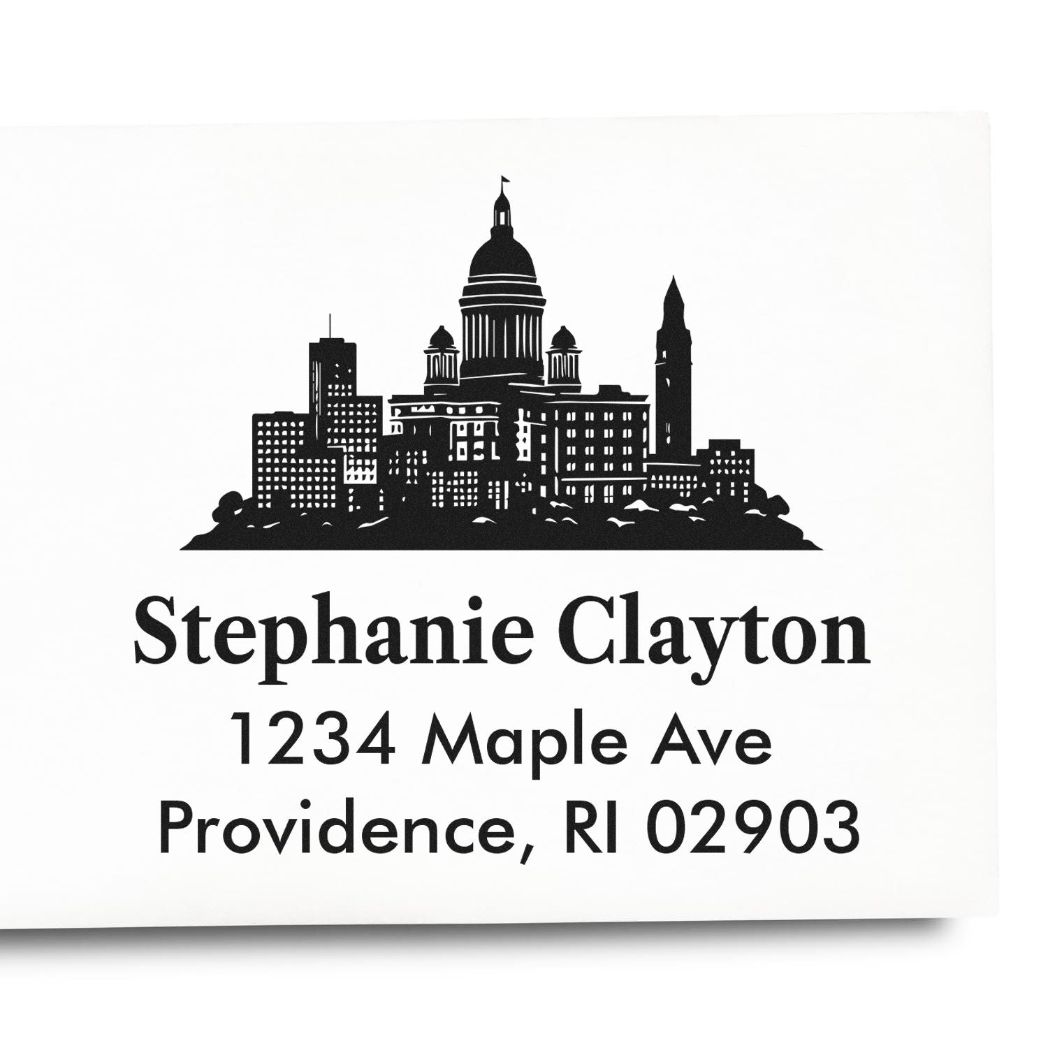 Custom return address rubber stamp with Providence skyline, Stephanie Clayton, 1234 Maple Ave, Providence, RI 02903.