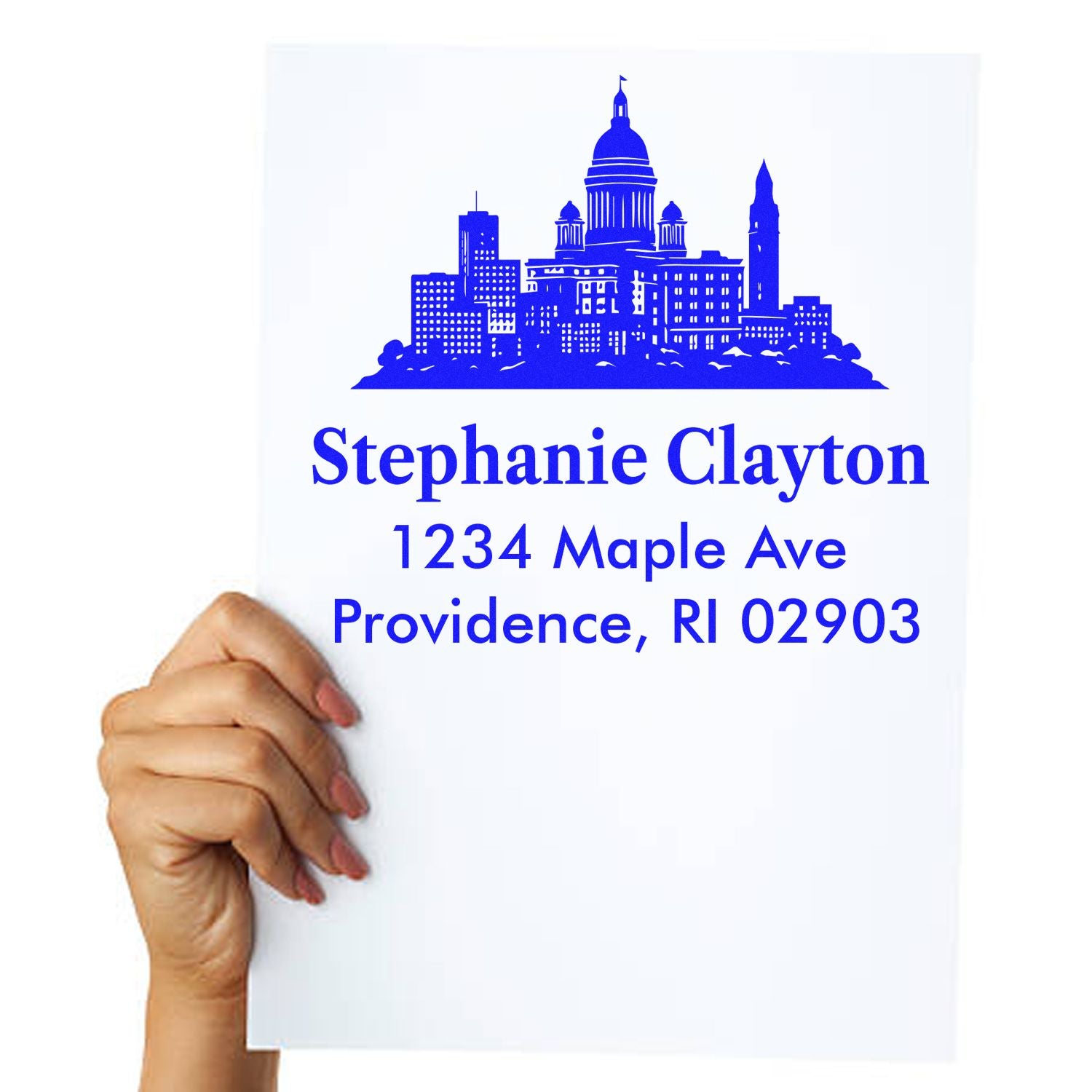 Personalized return address rubber stamp with Providence, RI skyline and Stephanie Clayton mailing address.
