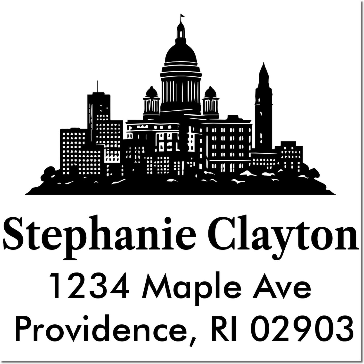 Custom personalized address rubber stamp with Providence skyline, Stephanie Clayton, 1234 Maple Ave, Providence, RI 02903
