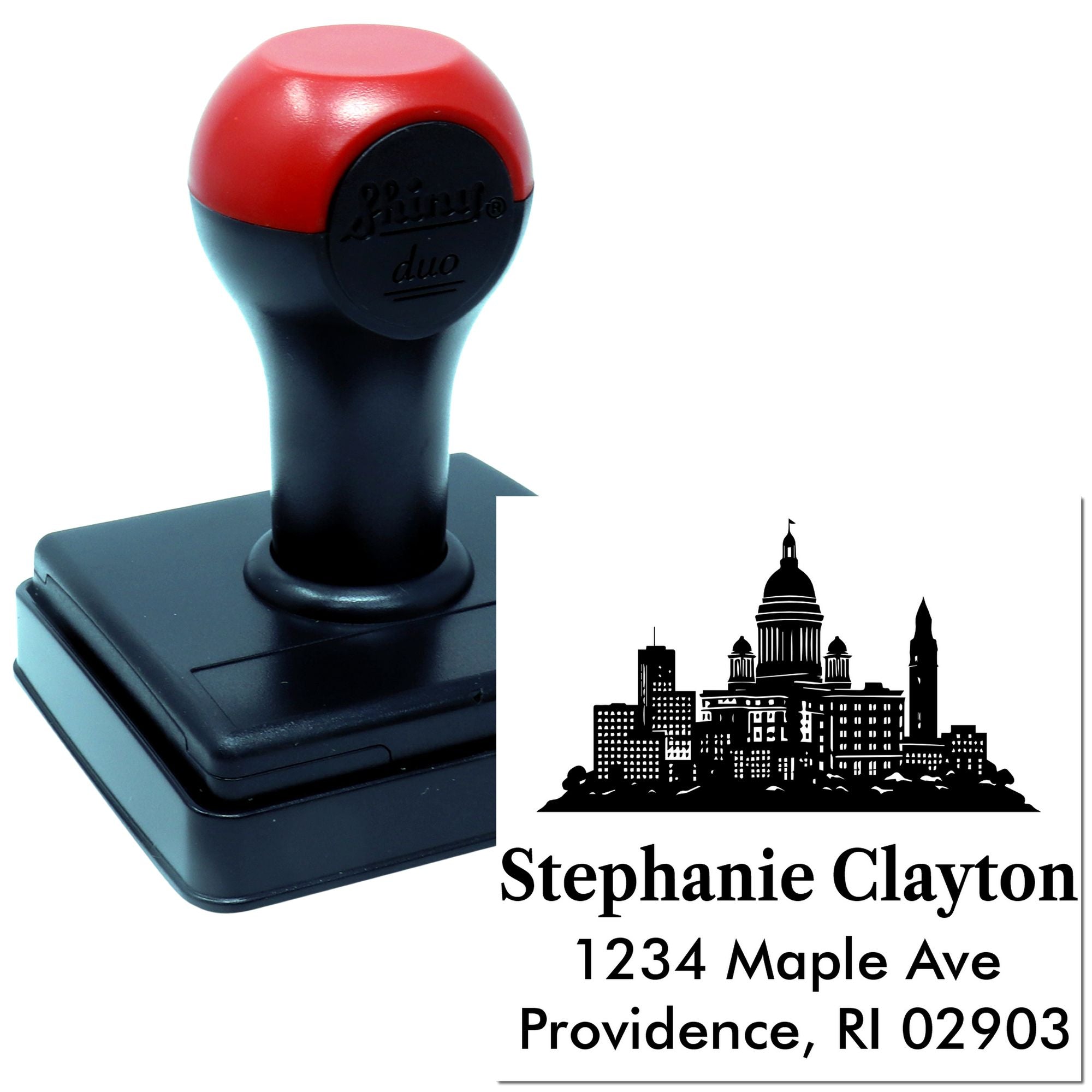Custom self-inking return address stamp with city skyline design for Providence, RI mailings