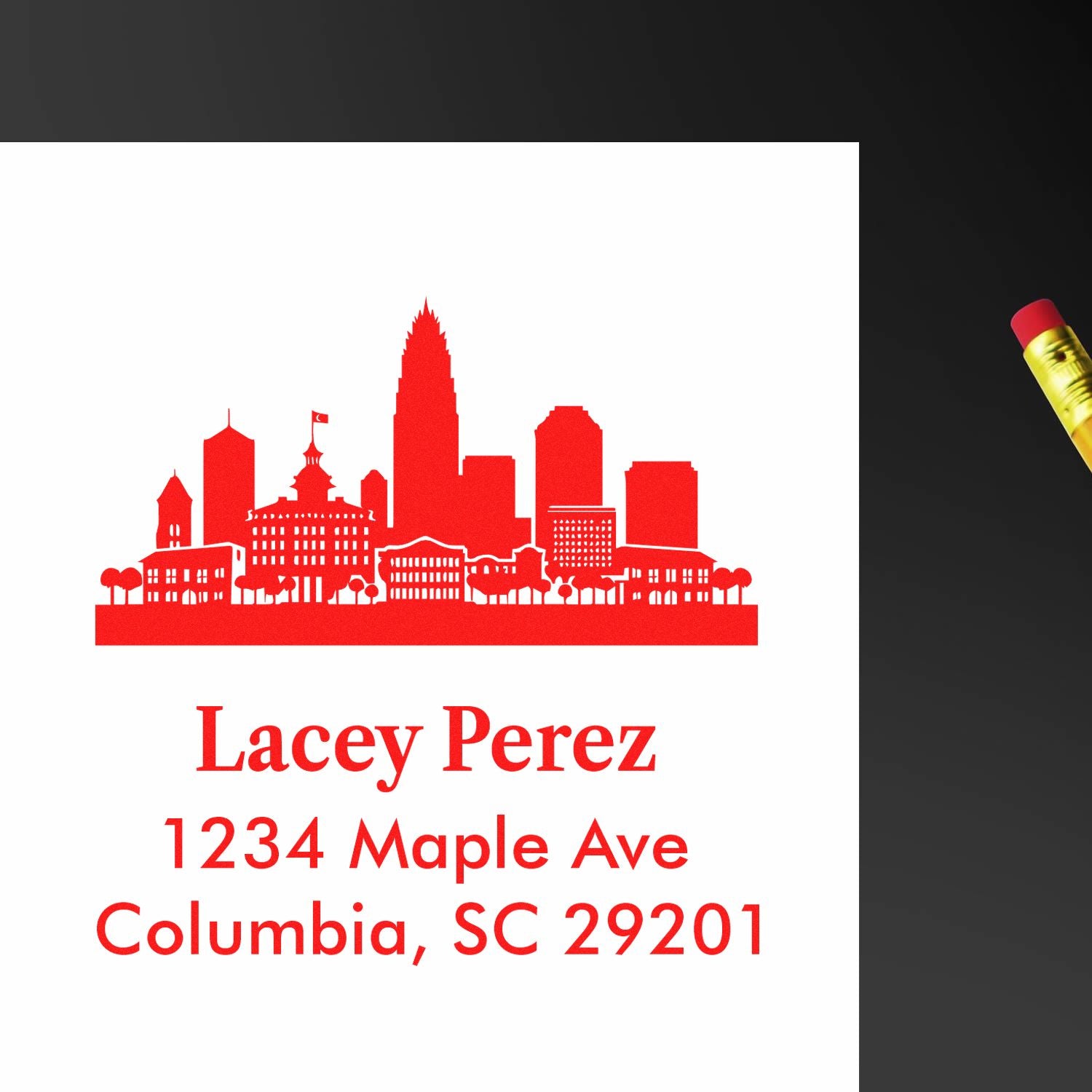 Custom address stamp with Columbia, SC skyline, Lacey Perez name, and return address: 1234 Maple Ave, Columbia, SC 29201.