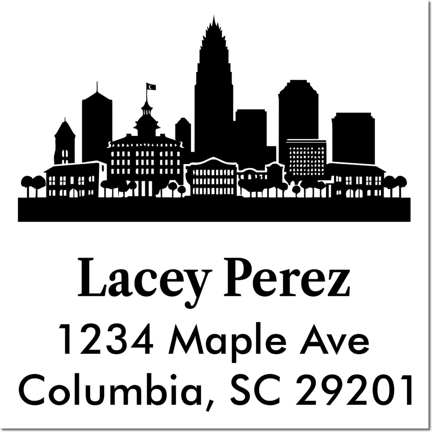 Custom rubber address stamp with Columbia, SC skyline and return address for Lacey Perez, 1234 Maple Ave, 29201.