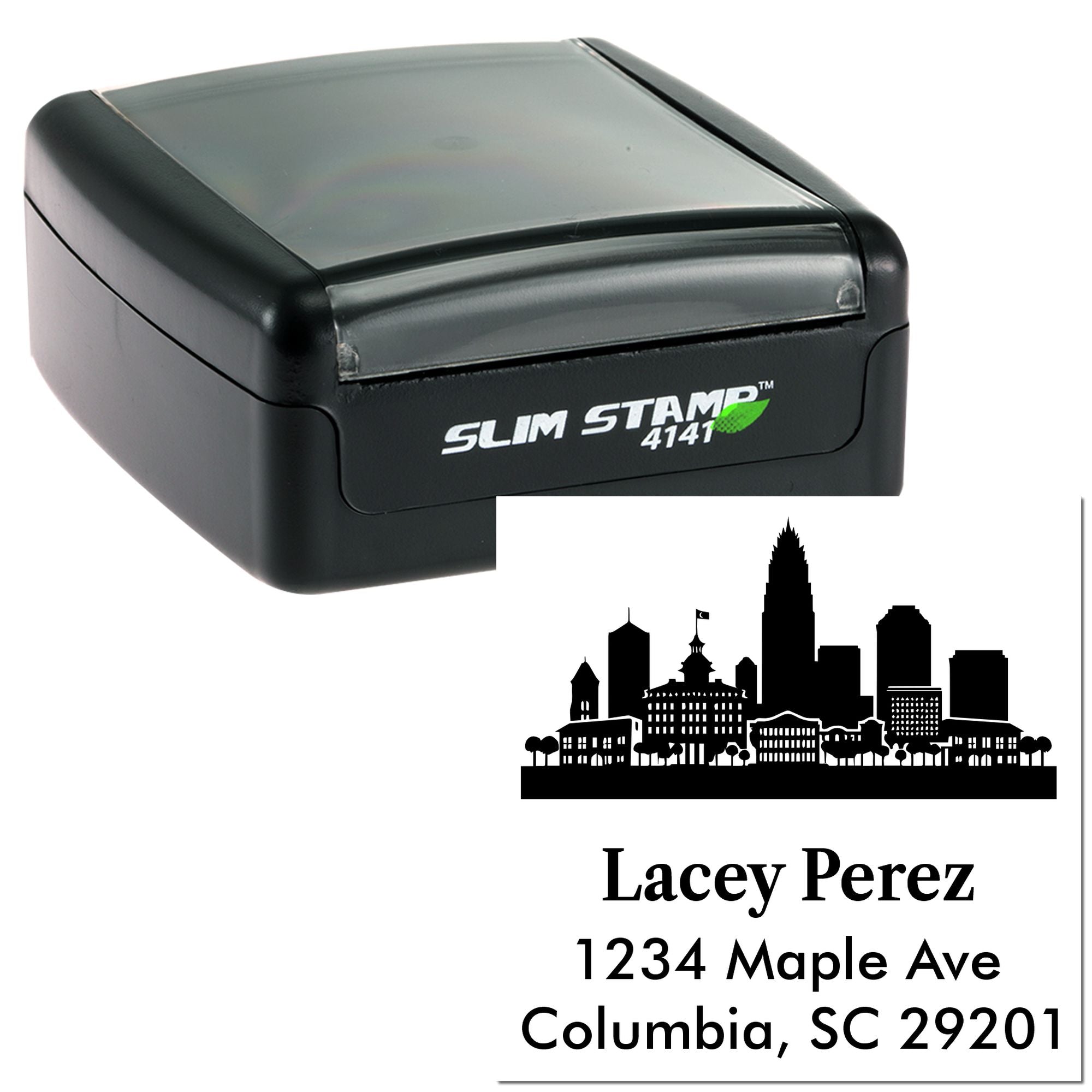 Custom slim self-inking rubber address stamp with city skyline return address design for Lacey Perez, Columbia, SC 29201.