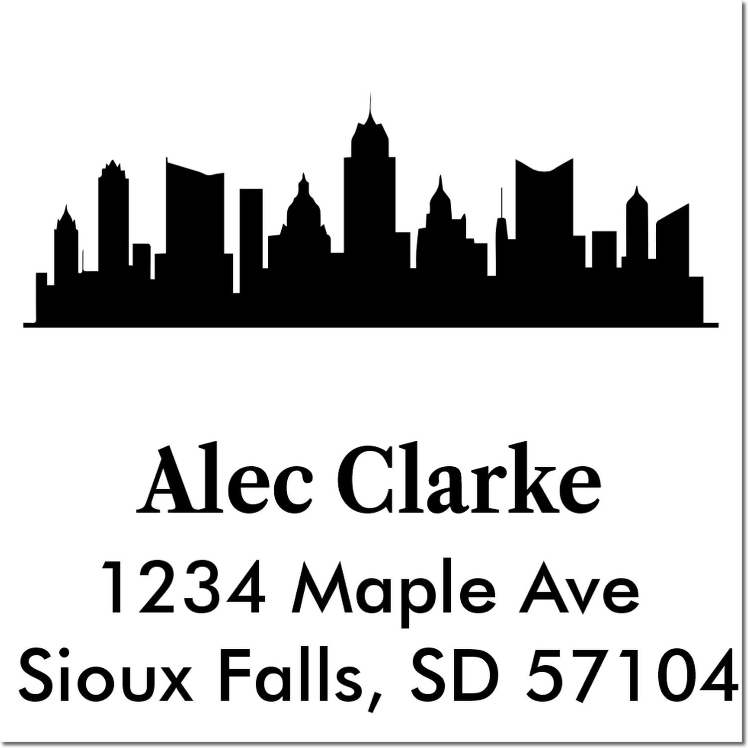 Custom return address rubber stamp with skyline design for Alec Clarke, 1234 Maple Ave, Sioux Falls, SD 57104