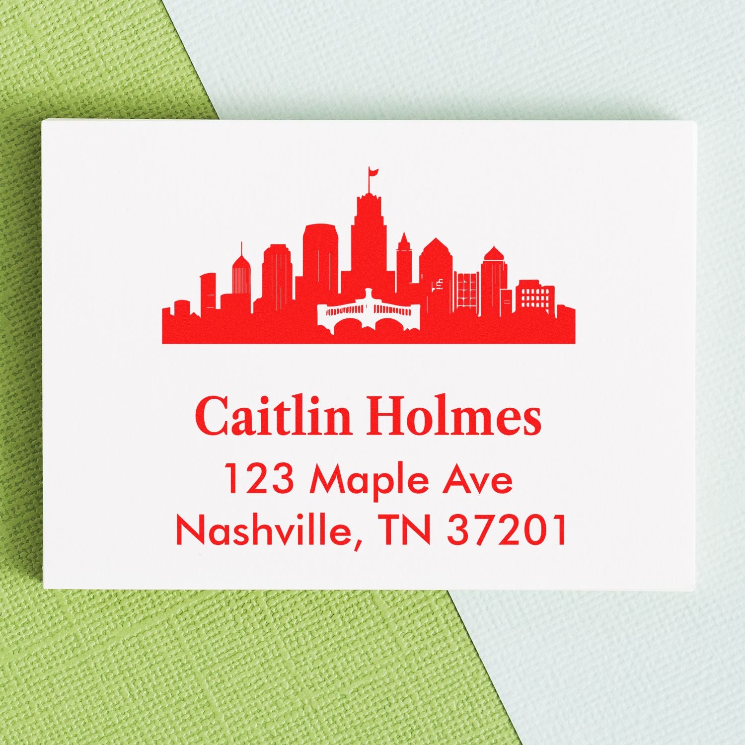 Personalized Nashville return address rubber stamp with skyline design for Caitlin Holmes, 123 Maple Ave, Nashville, TN 37201