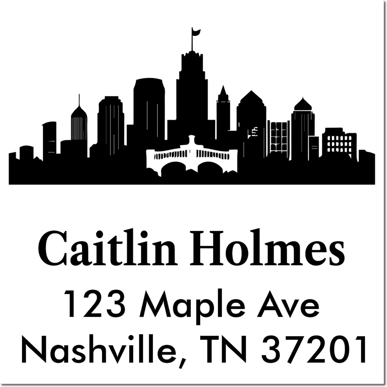 Personalized Nashville return address rubber stamp with skyline, Caitlin Holmes, 123 Maple Ave, Nashville, TN 37201