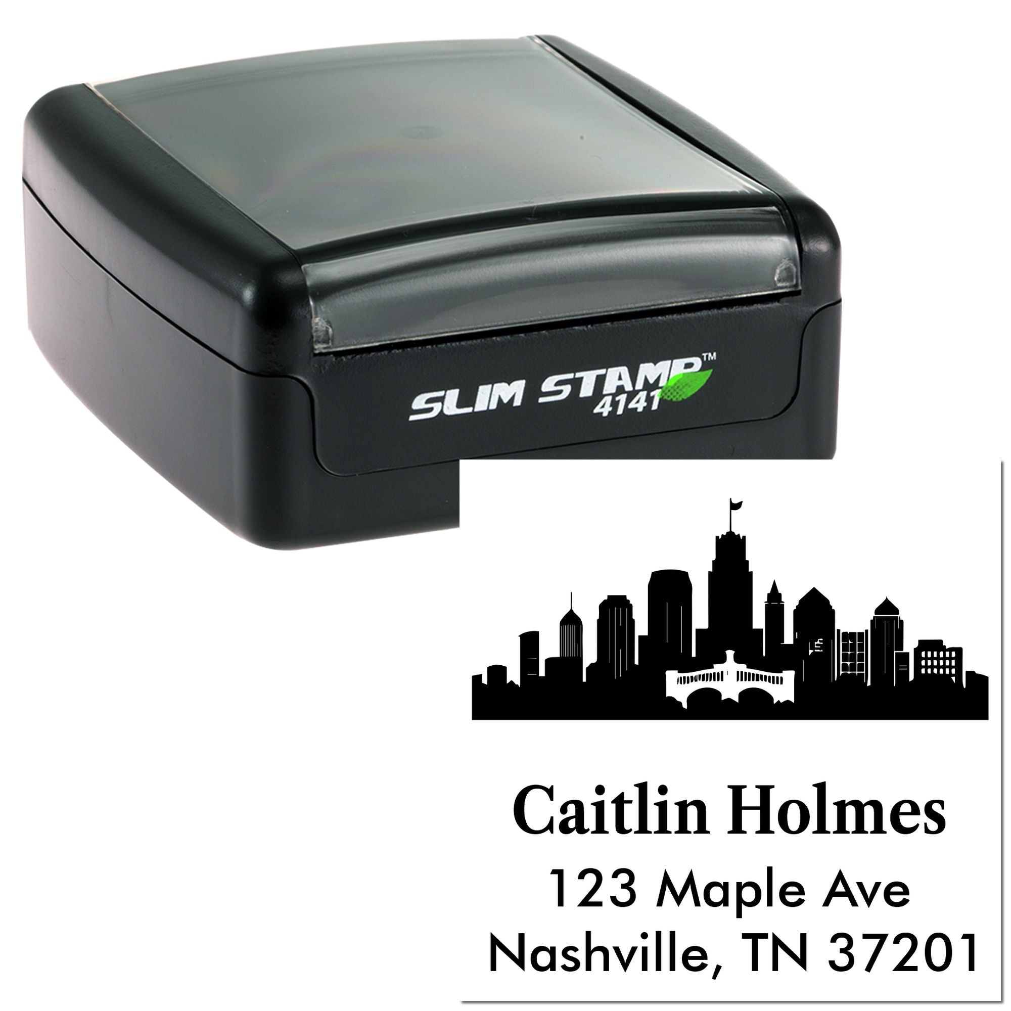 Custom self-inking address rubber stamp with Nashville skyline, name, and mailing address for personalized envelopes.