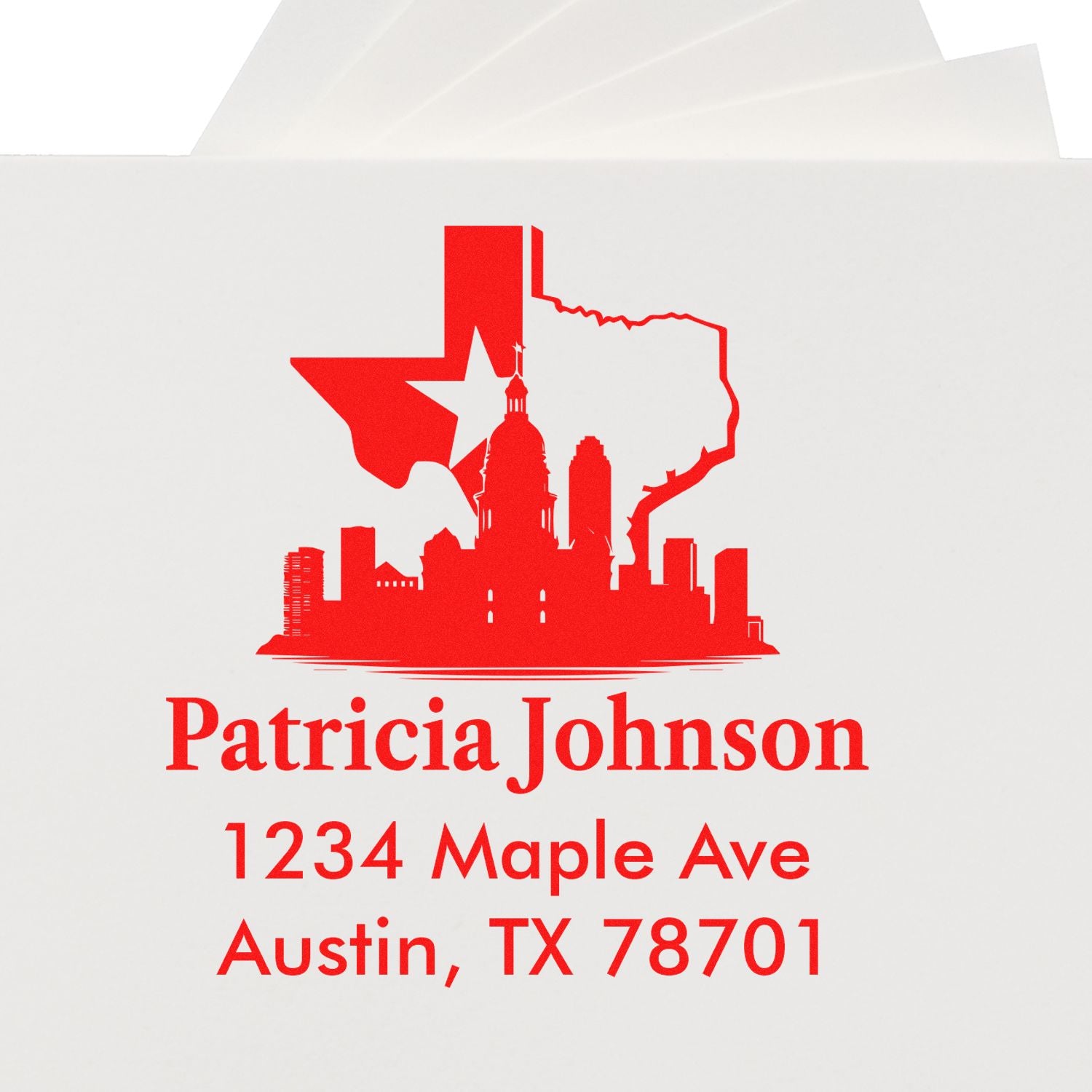Custom rubber stamp with Texas skyline and Austin return address for Patricia Johnson, 1234 Maple Ave, Austin, TX 78701.