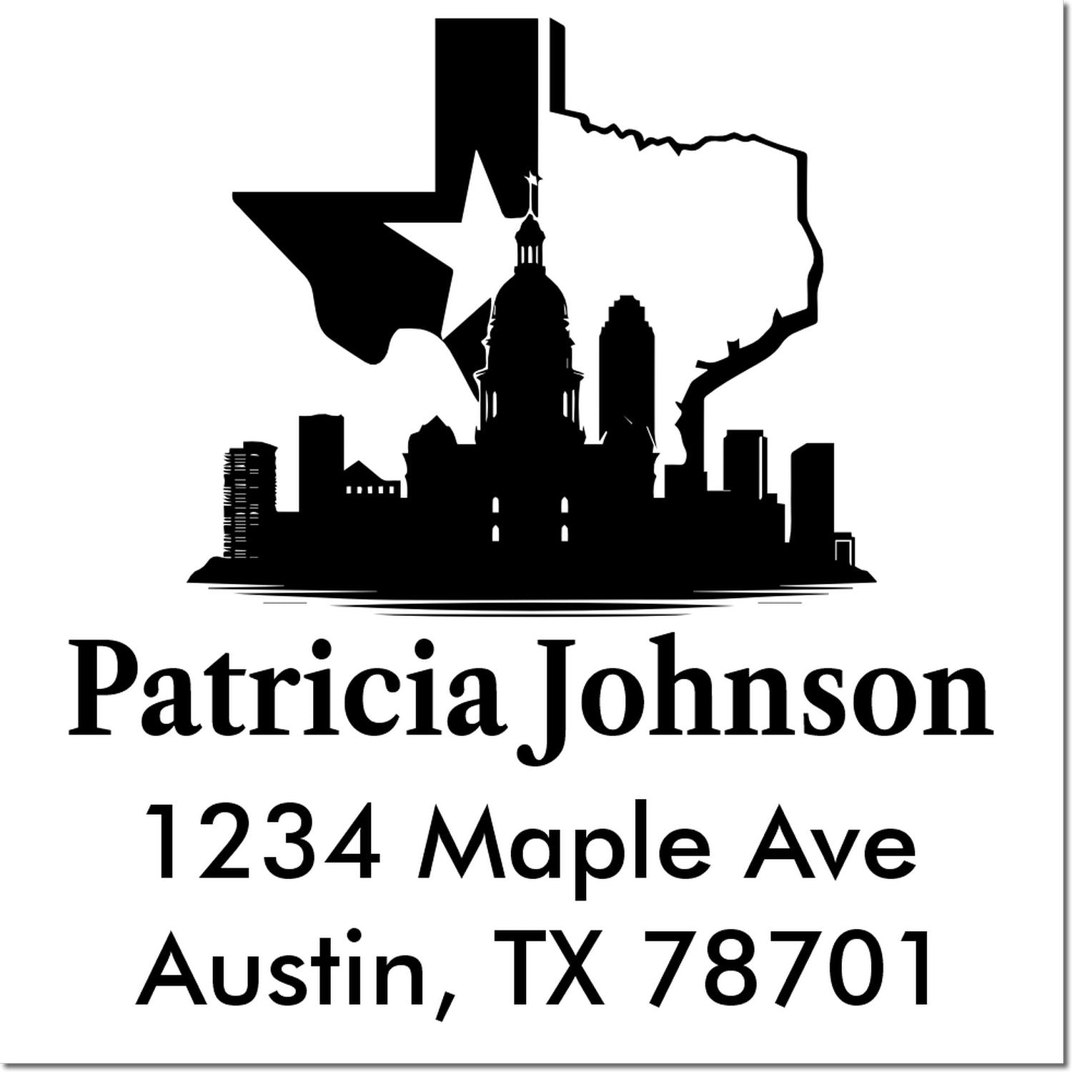 Custom Texas return address rubber stamp with Austin skyline, Patricia Johnson, 1234 Maple Ave, Austin, TX 78701.