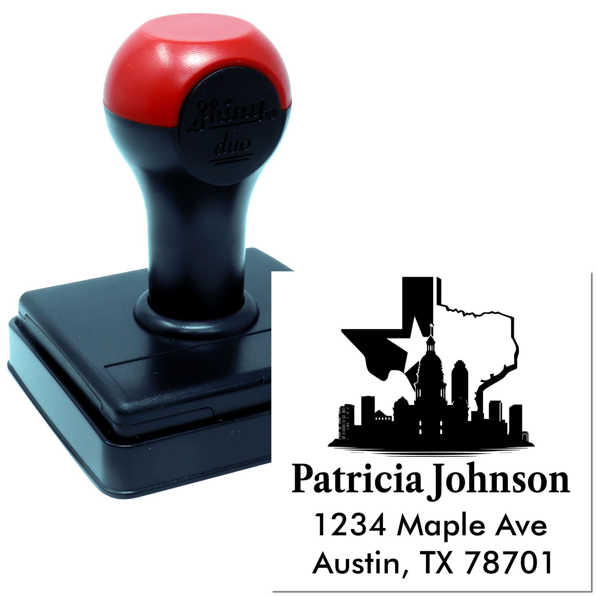 Custom self-inking Texas return address rubber stamp with name, address, and skyline design.