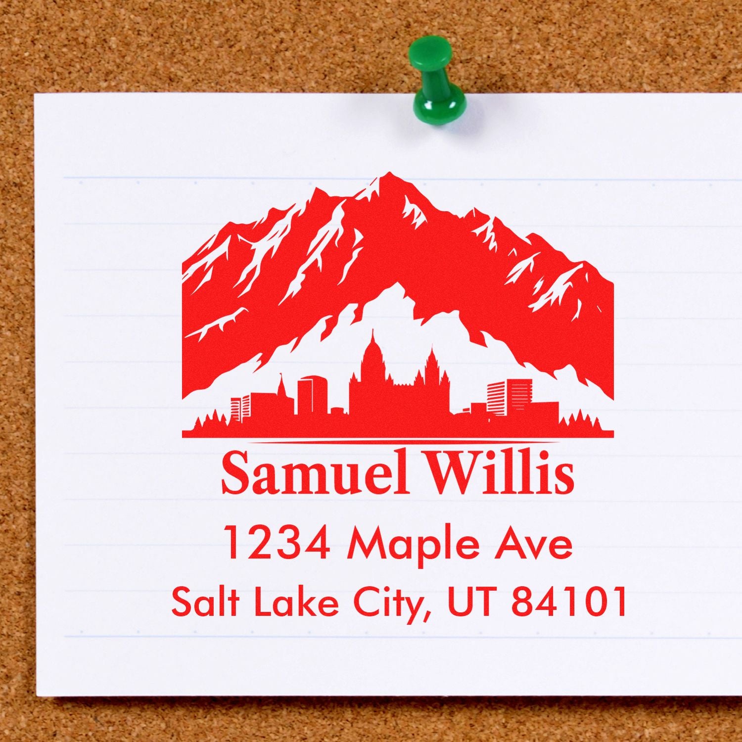 Custom return address rubber stamp with Salt Lake City mountain skyline and Samuel Willis mailing address.