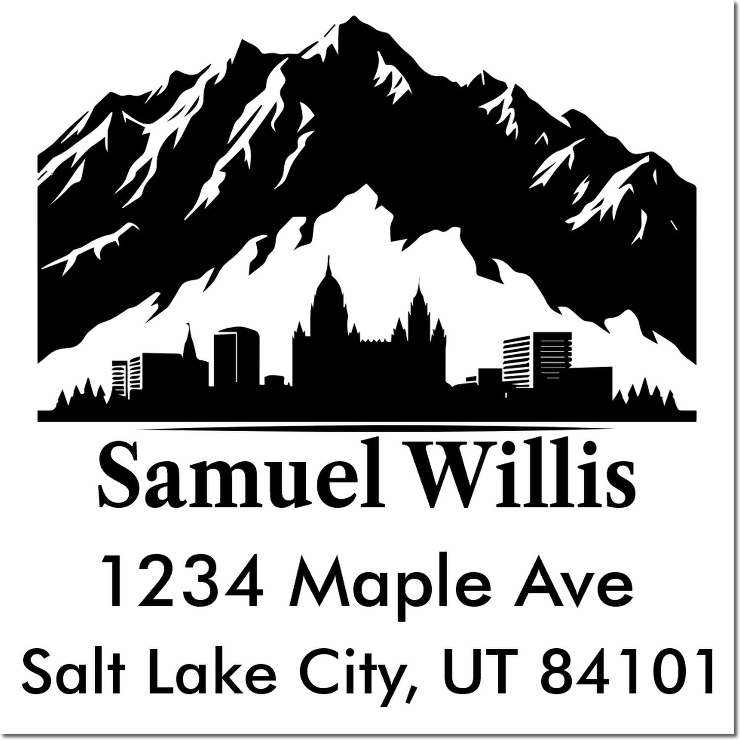 Custom address rubber stamp with mountain skyline for Samuel Willis, 1234 Maple Ave, Salt Lake City, UT 84101.