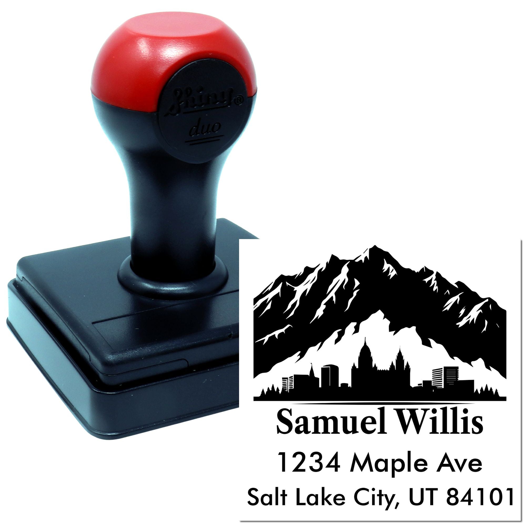 Custom self-inking address rubber stamp with mountain logo for Samuel Willis, Salt Lake City, UT 84101.