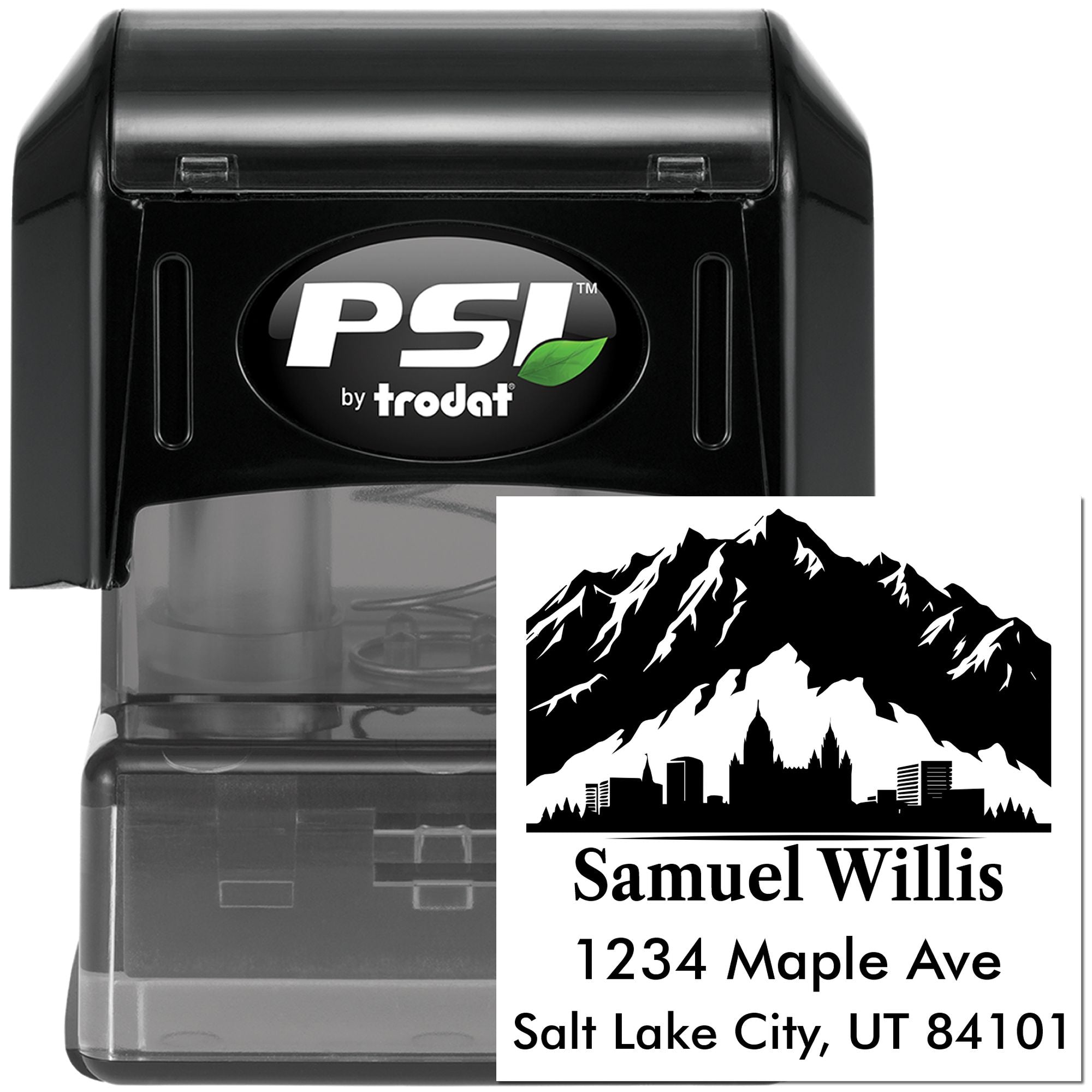 Custom self-inking address rubber stamp with mountain skyline design, name, and city imprint for personalized mailings.