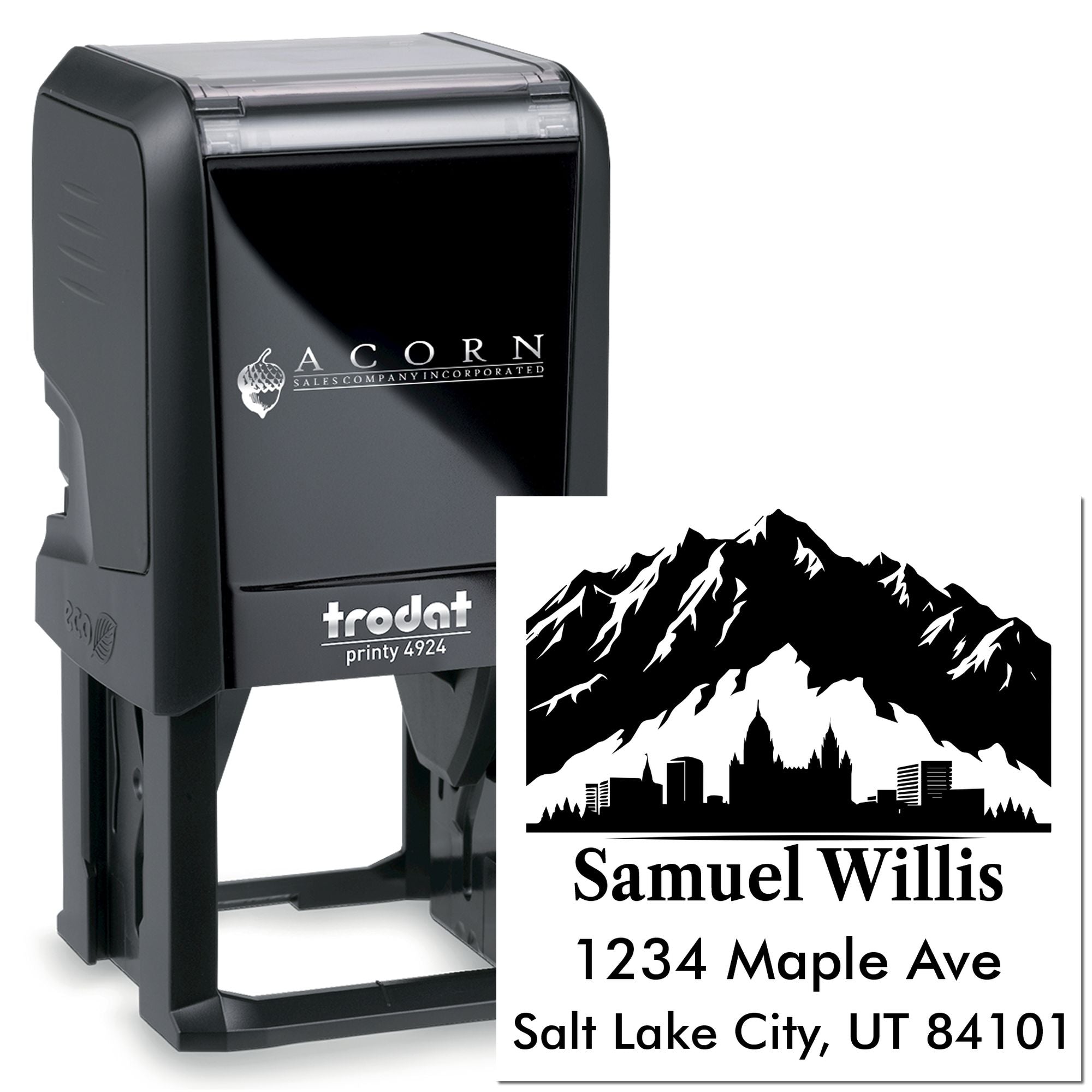 Custom self-inking rubber stamp with mountain skyline address design for Samuel Willis, Salt Lake City, UT.
