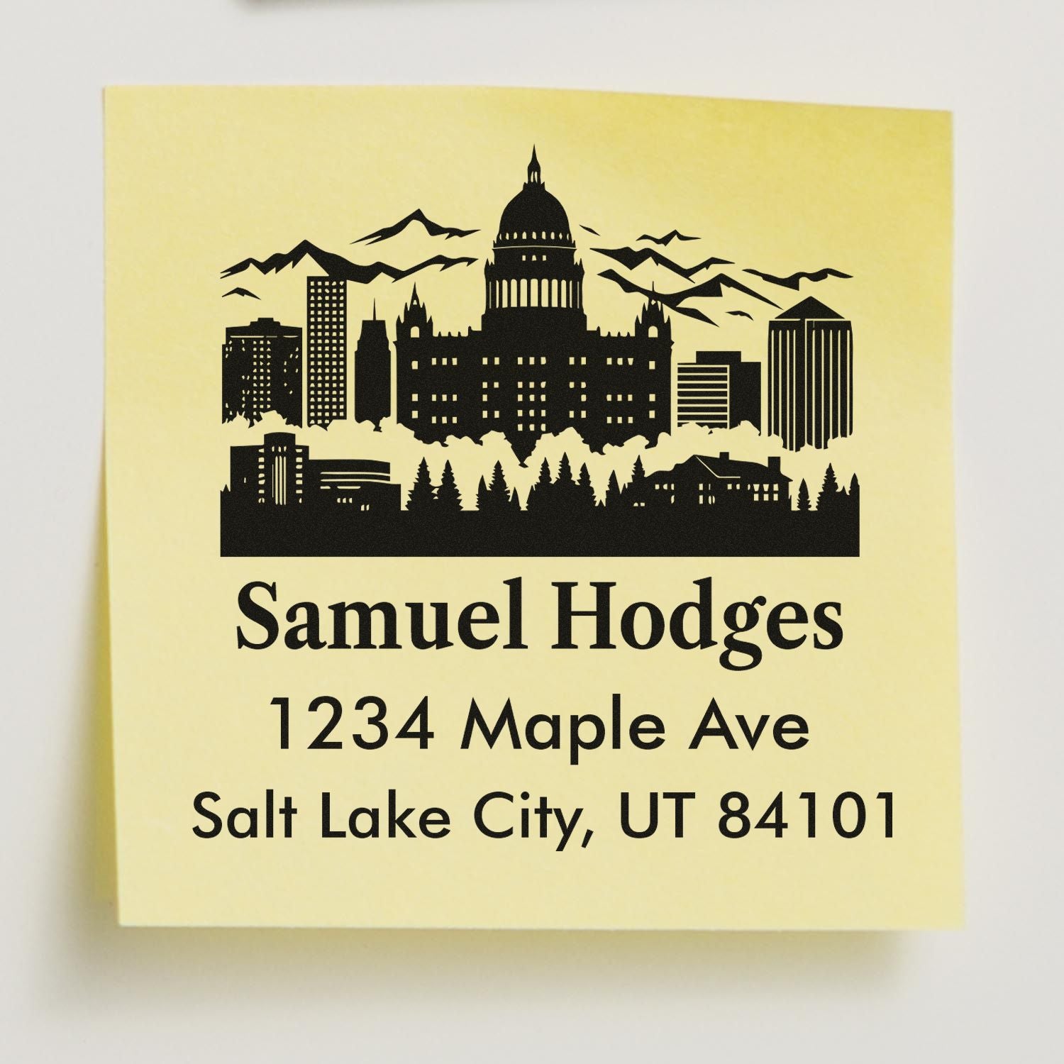 Personalized return address rubber stamp with Salt Lake City skyline, Samuel Hodges, 1234 Maple Ave, UT 84101.
