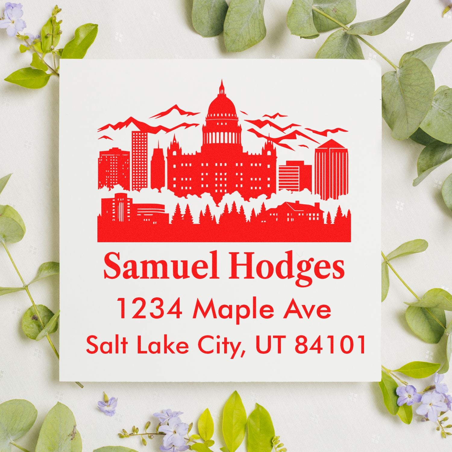 Custom Salt Lake City address rubber stamp with skyline, Samuel Hodges, 1234 Maple Ave, UT 84101