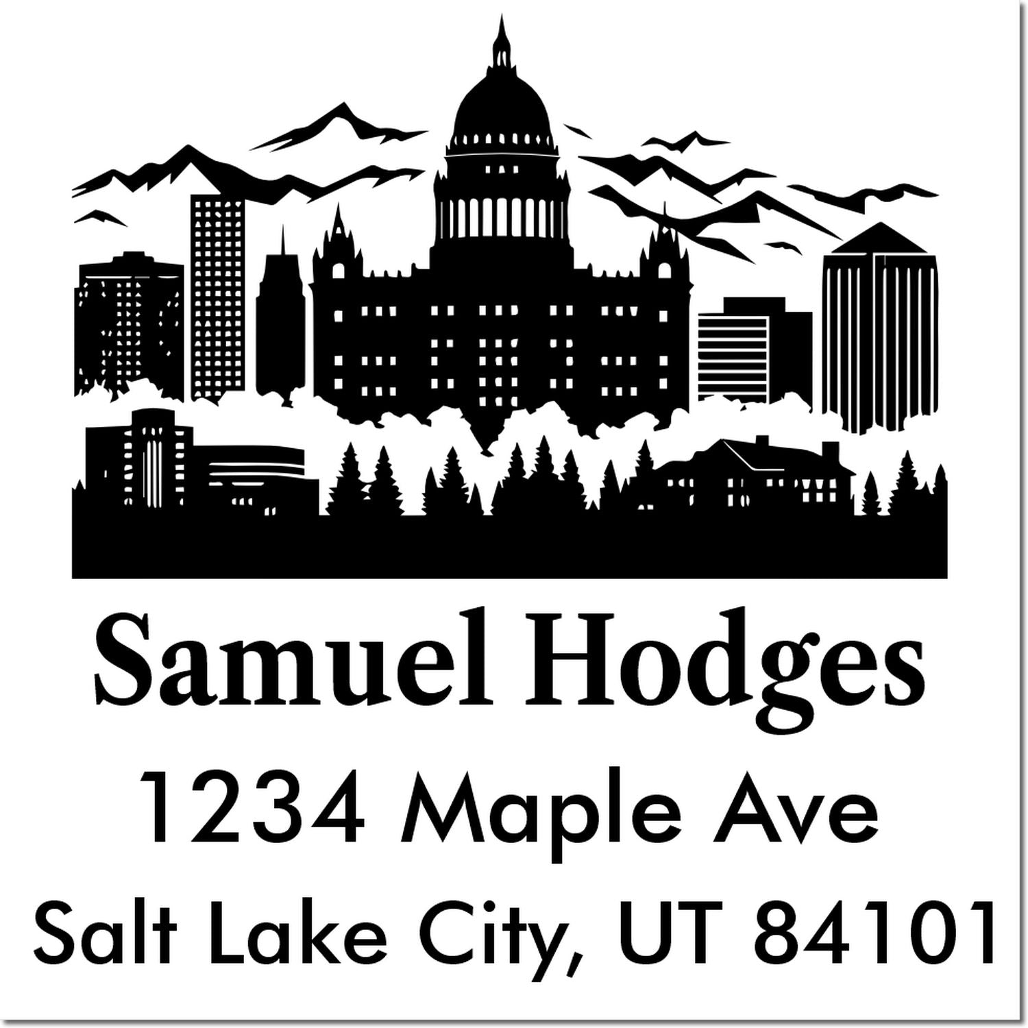 Custom address stamp with Salt Lake City skyline, Samuel Hodges, 1234 Maple Ave, Salt Lake City, UT 84101.