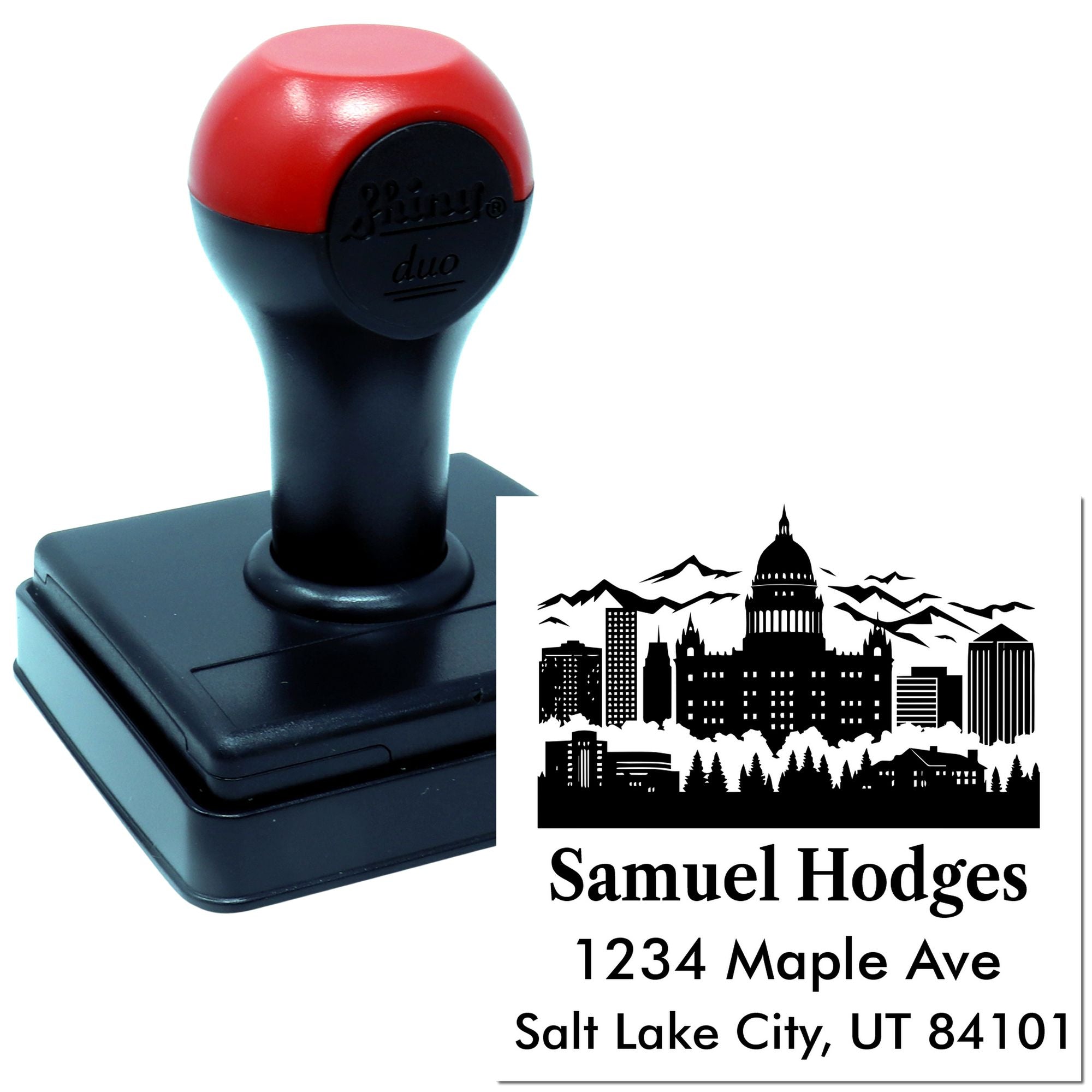 Custom self-inking rubber address stamp with Salt Lake City skyline and personalized return address for mailing use.