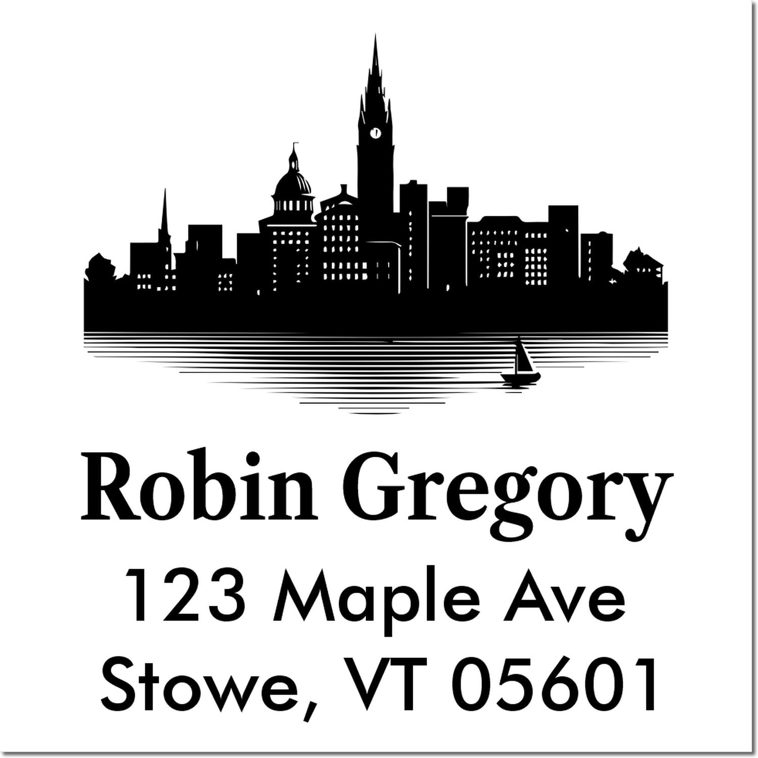 Personalized return address rubber stamp with city skyline silhouette for Robin Gregory, 123 Maple Ave, Stowe, VT 05601