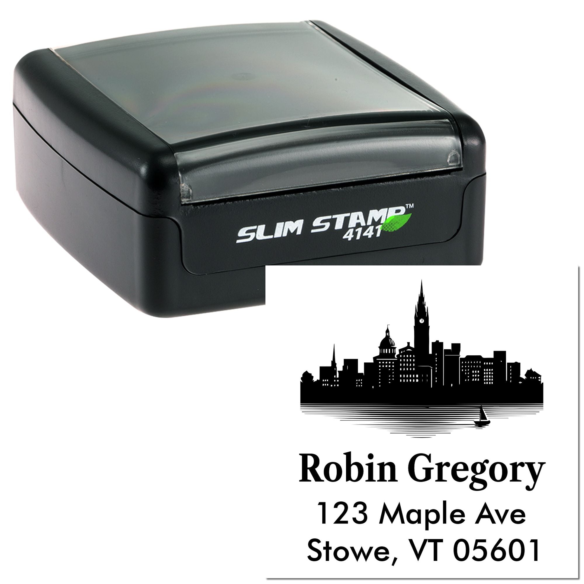 Custom self-inking rubber stamp with return address skyline design, shown with personalized name and address imprint.