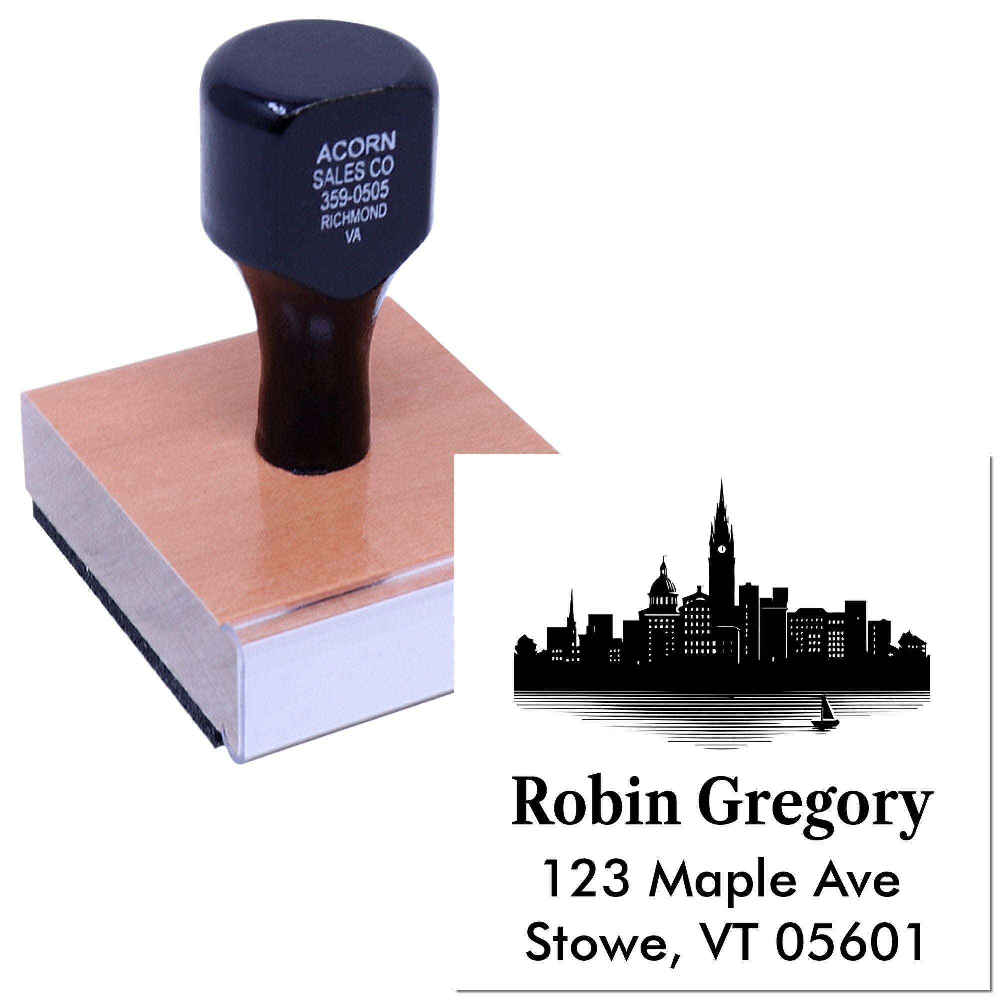 Custom self-inking rubber address stamp with skyline logo for business branding and mailing envelopes
