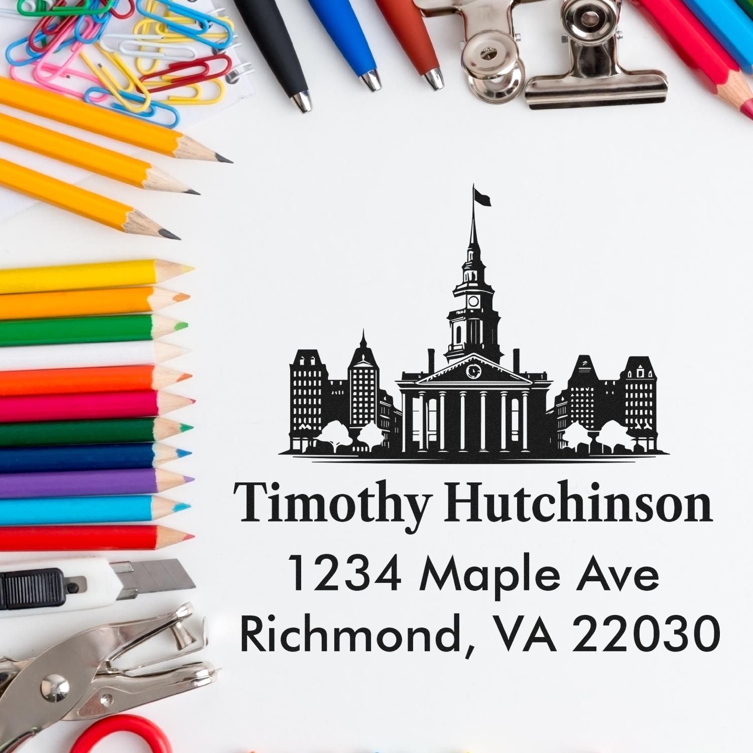 Personalized return address rubber stamp with city skyline, Timothy Hutchinson, 1234 Maple Ave, Richmond, VA 22030.