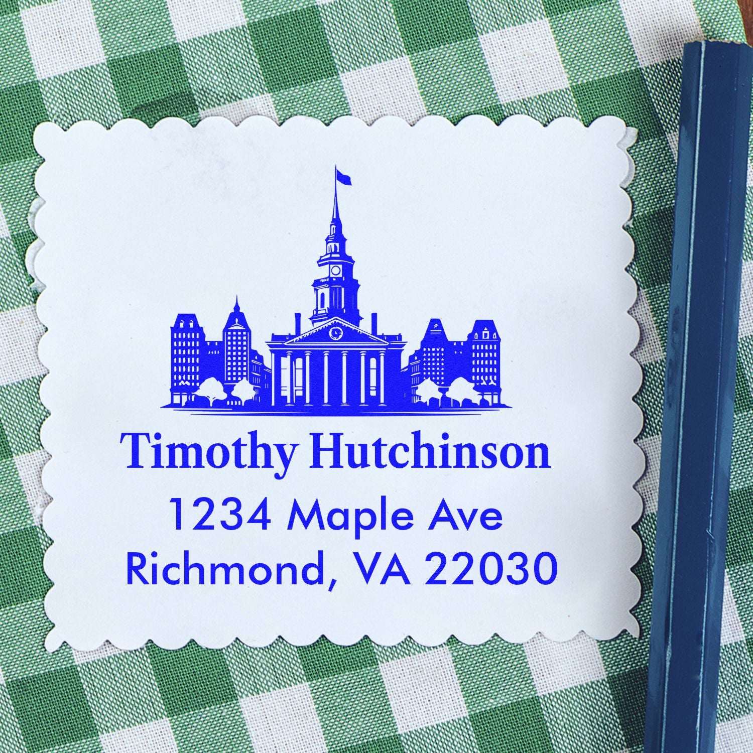 Custom address rubber stamp with Richmond skyline for Timothy Hutchinson, 1234 Maple Ave, Richmond, VA 22030