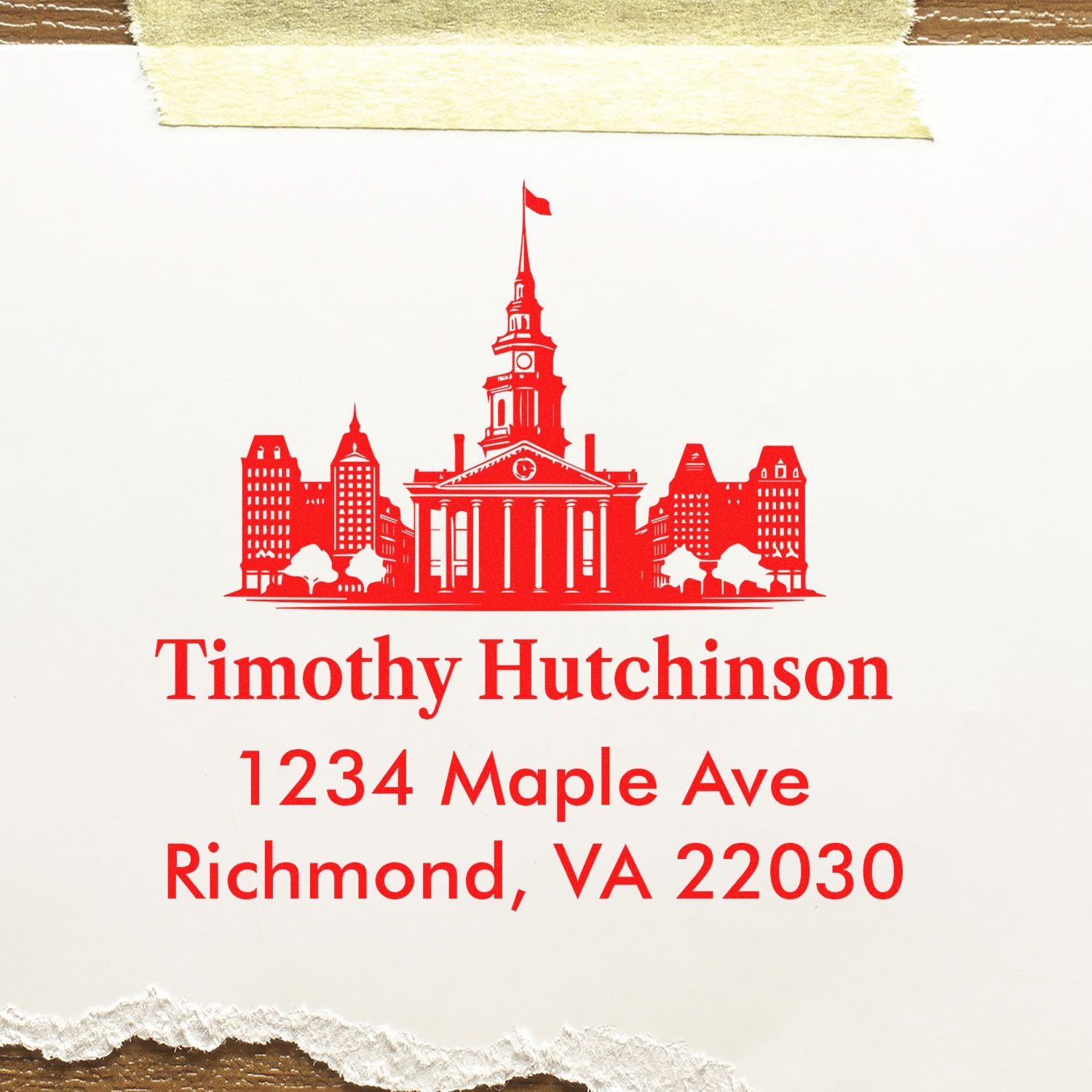 Custom red rubber return address stamp with Richmond, VA skyline, Timothy Hutchinson, and 1234 Maple Ave.