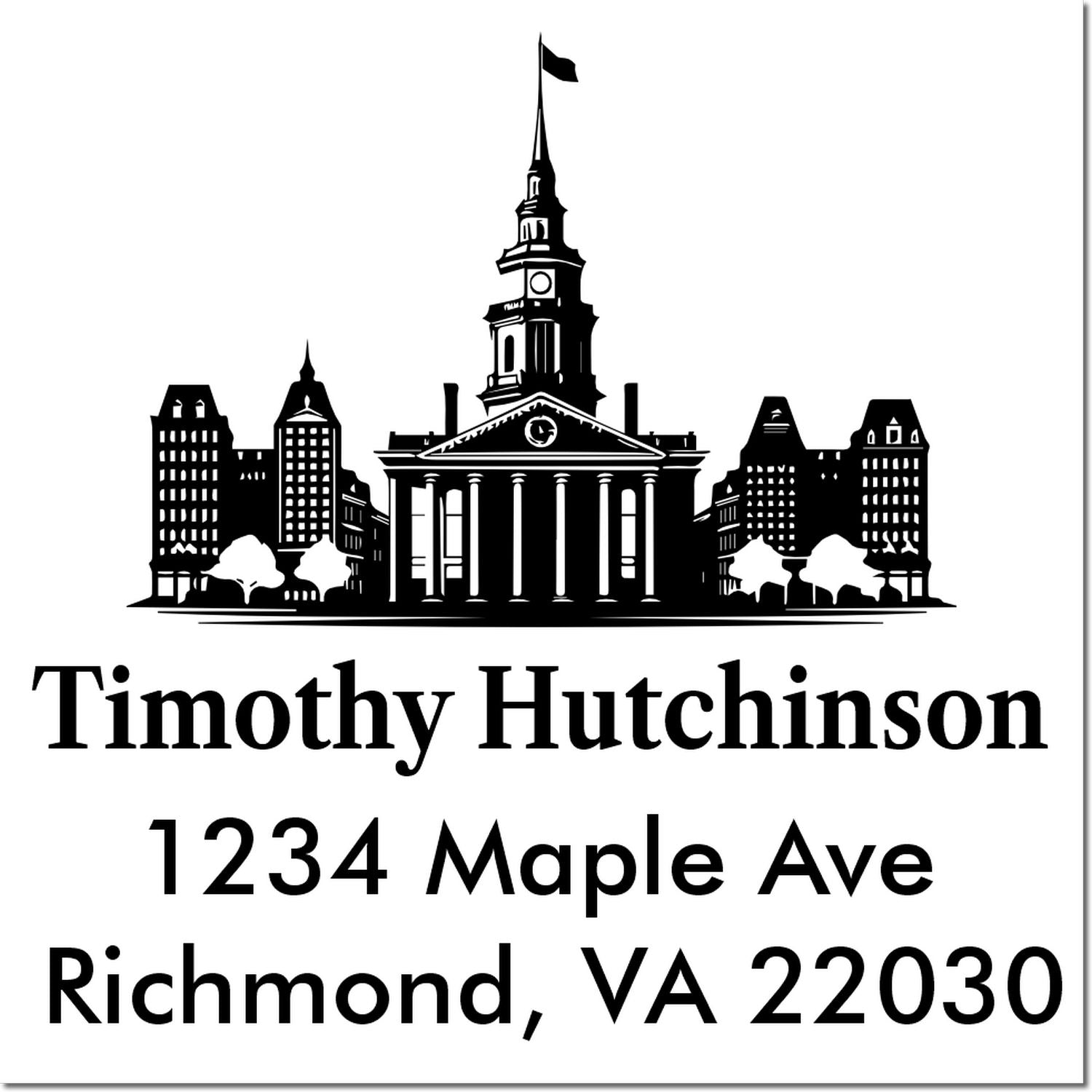 Custom rubber address stamp for Timothy Hutchinson, 1234 Maple Ave, Richmond, VA 22030 with Richmond skyline.
