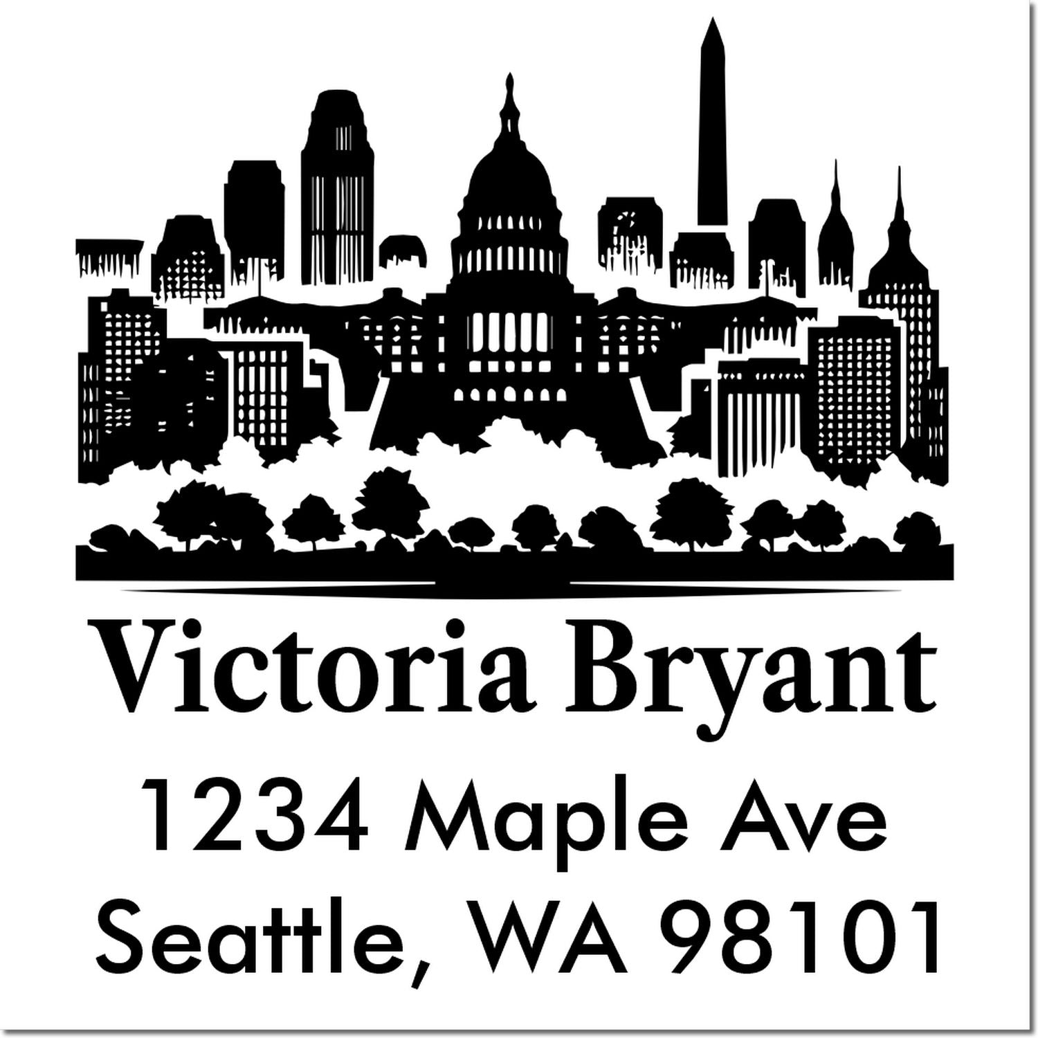 Custom rubber address stamp with Seattle skyline, Victoria Bryant, 1234 Maple Ave, Seattle, WA 98101