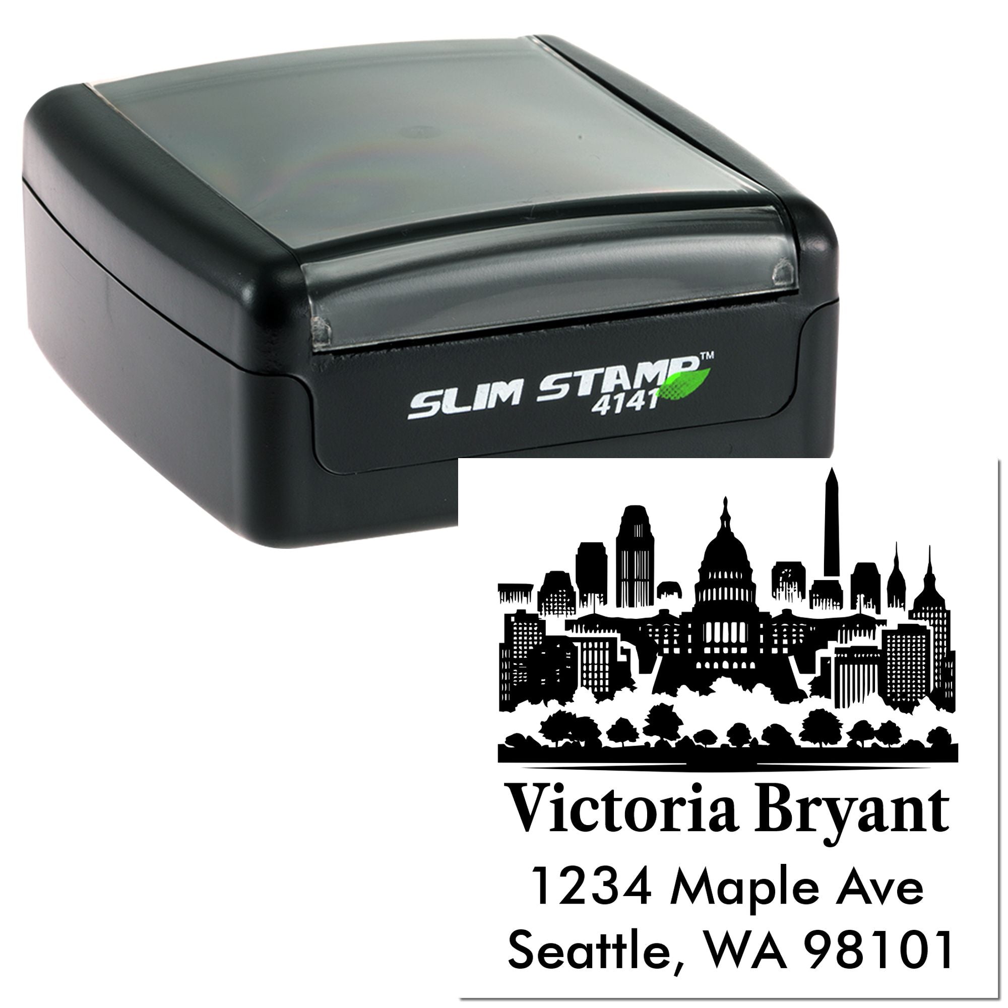 Custom self-inking rubber address stamp with Seattle skyline design, name, and return address imprint, Slim Stamp 4141.