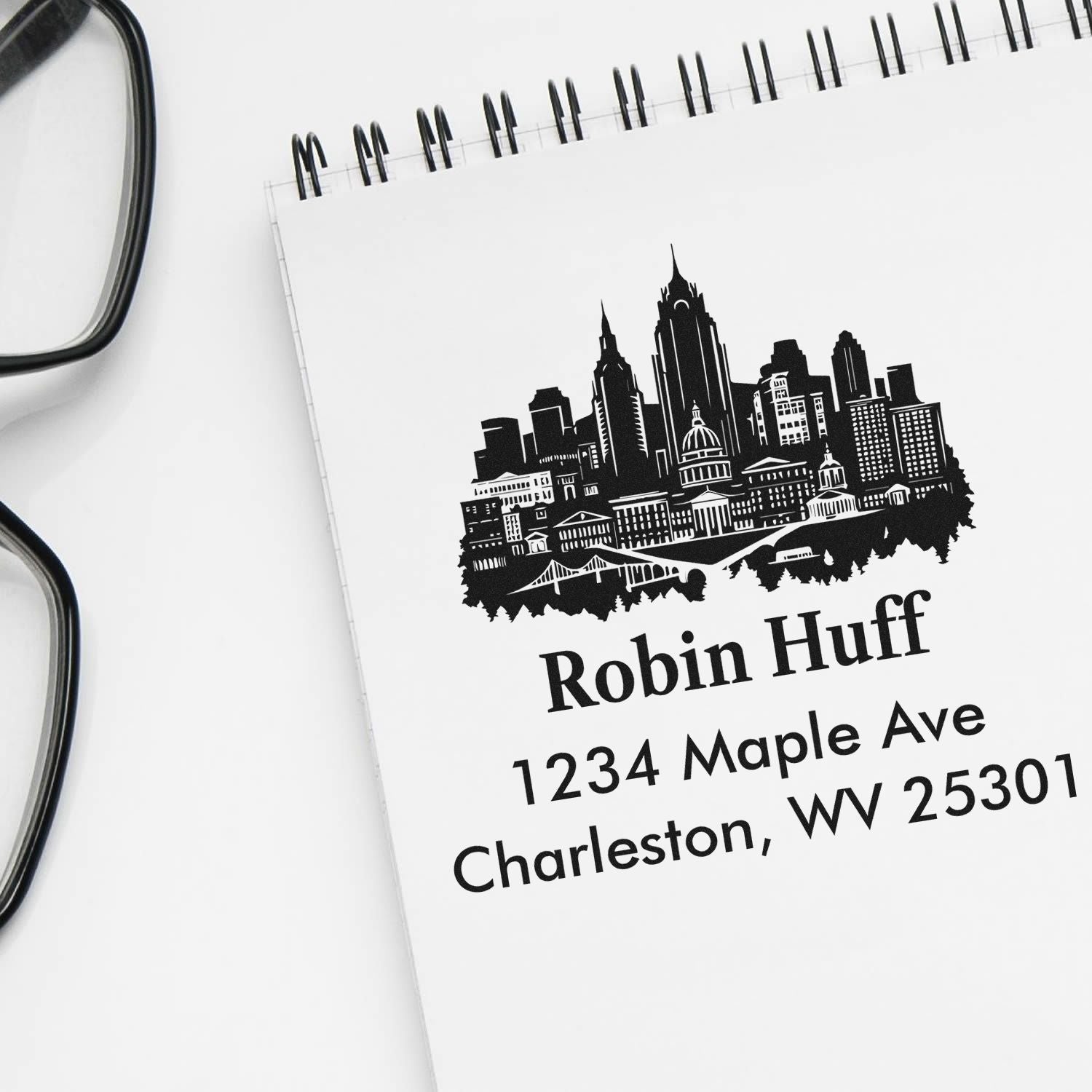 Personalized return address rubber stamp with city skyline for Robin Huff, Charleston, WV.