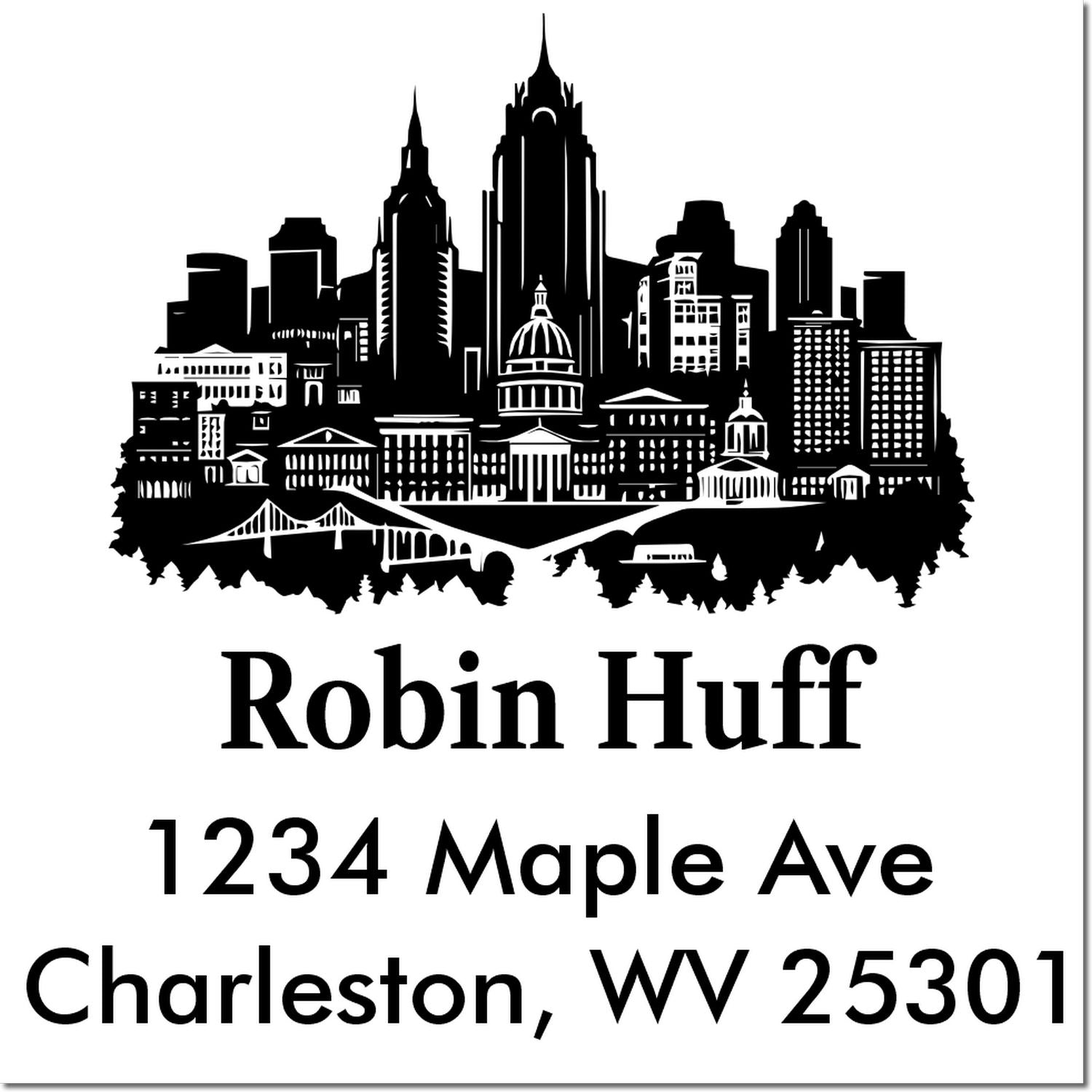 Custom return address rubber stamp with Charleston, WV skyline and Robin Huff, 1234 Maple Ave, Charleston, WV 25301.