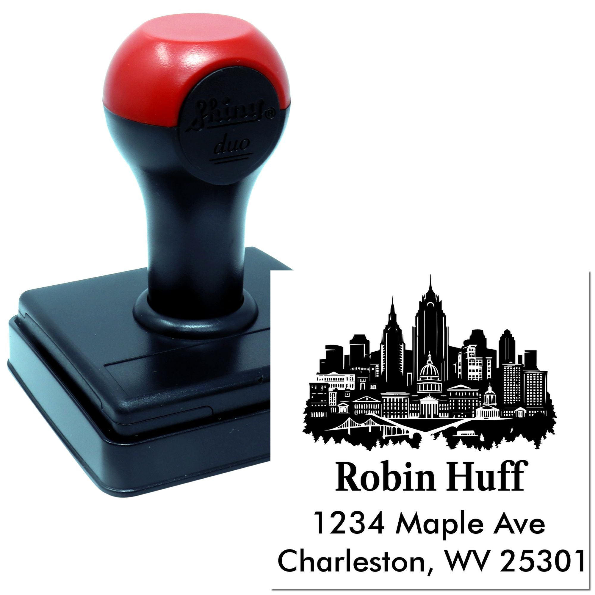 Custom self-inking rubber stamp with Charleston WV skyline, name and return address for personalized mailing.