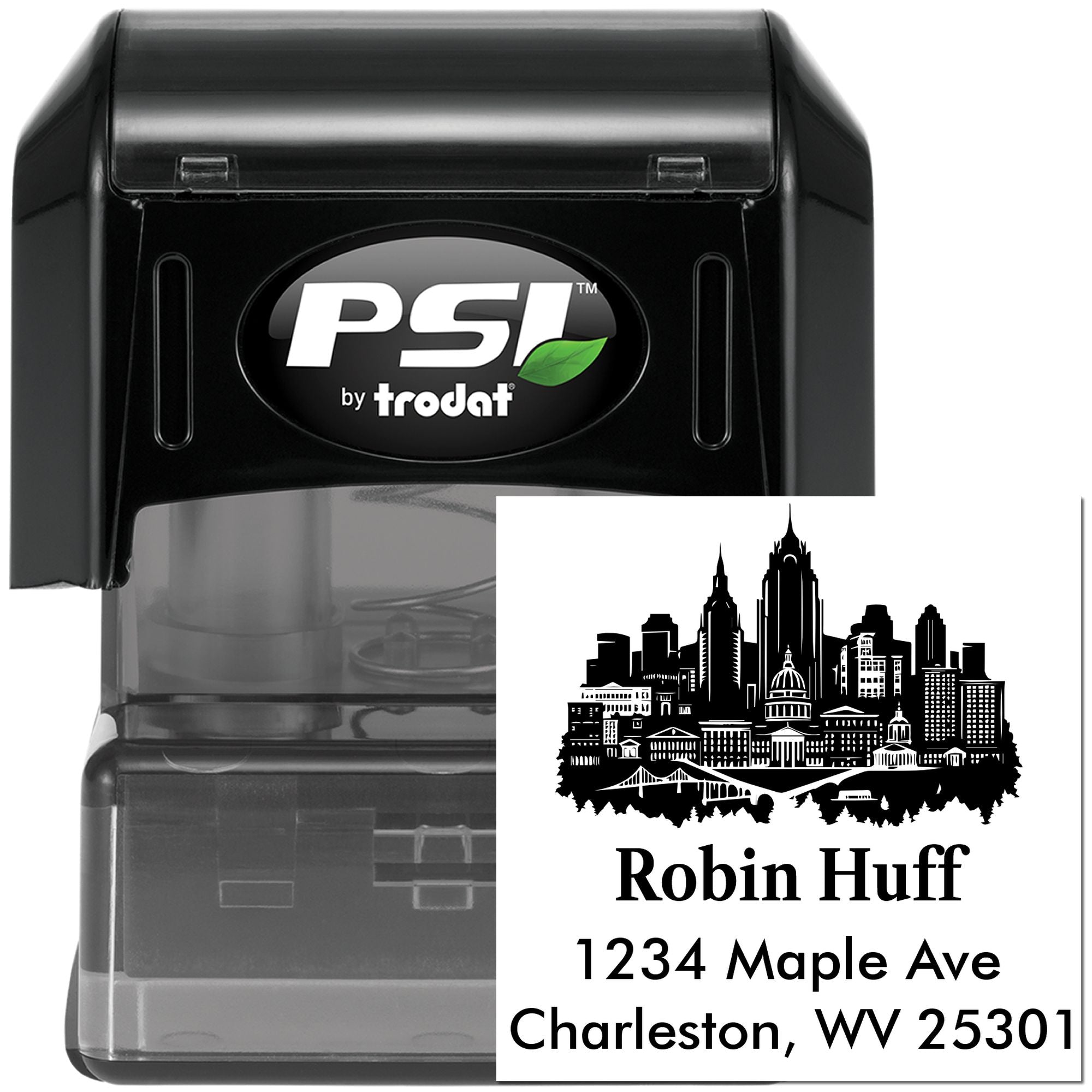 PSI by Trodat self-inking rubber stamp with custom city skyline return address for Robin Huff, Charleston, WV.