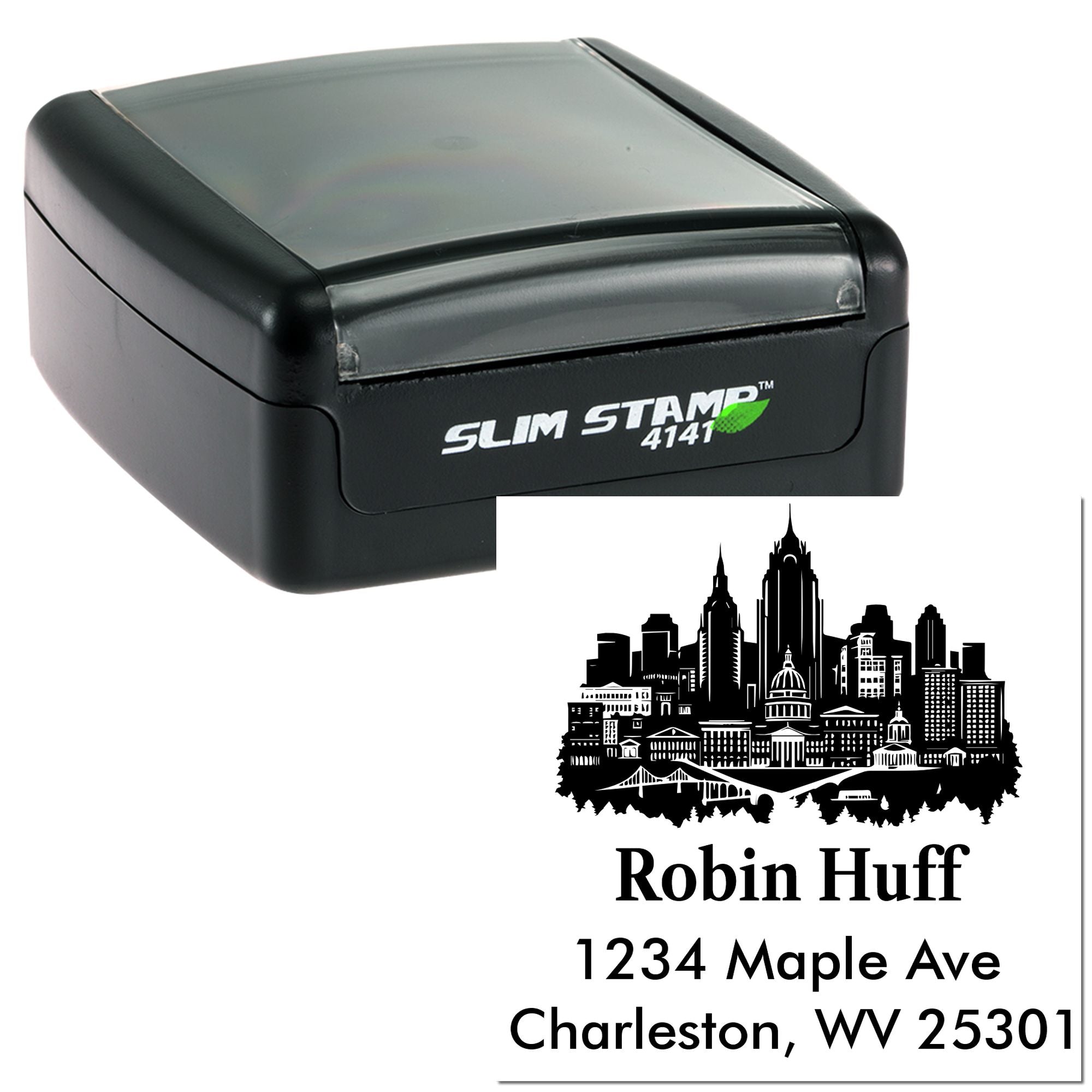 Personalized self-inking address rubber stamp with city skyline design for envelopes, featuring Slim Stamp 4141.