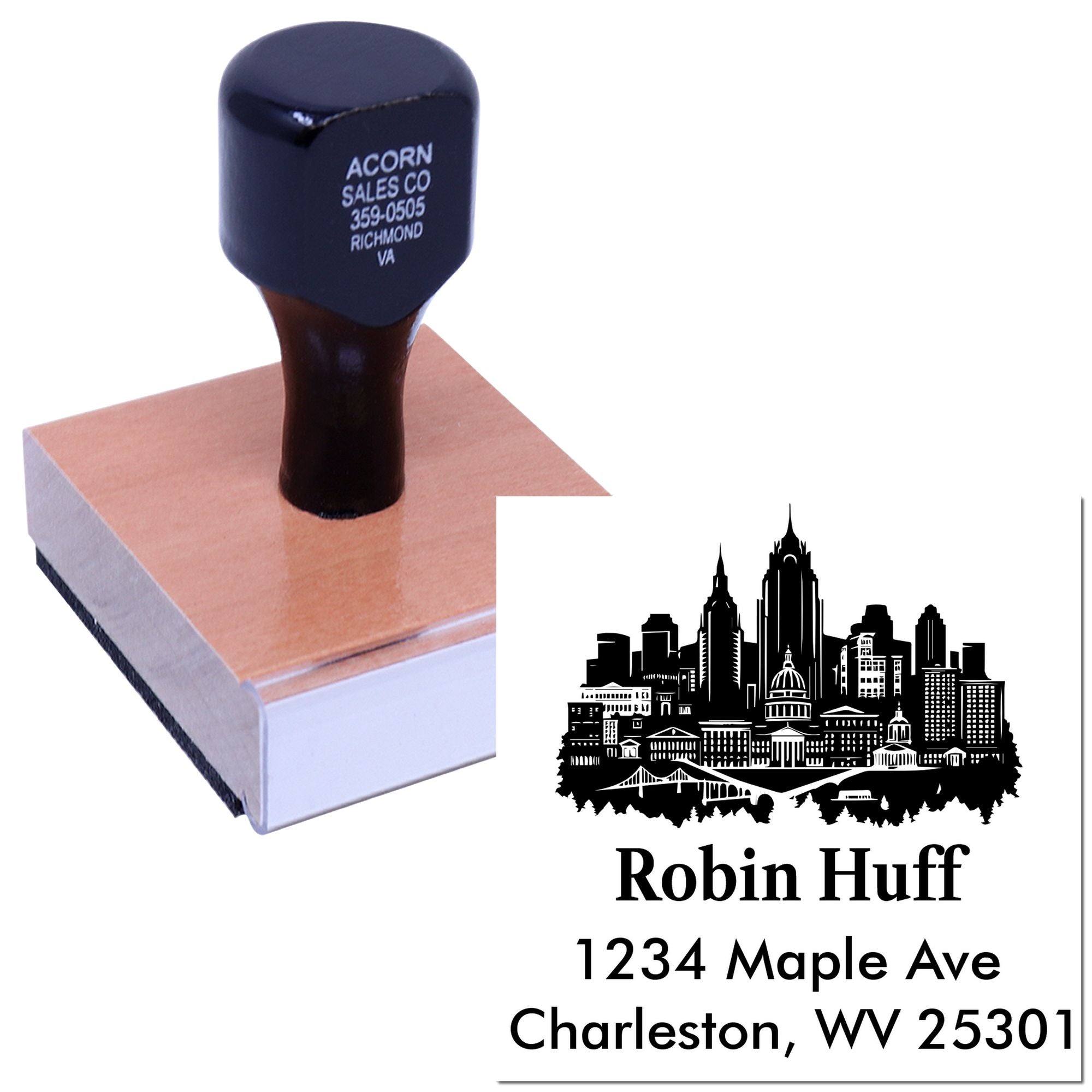 Custom rubber stamp with city skyline logo, name, and address for professional business mailings.