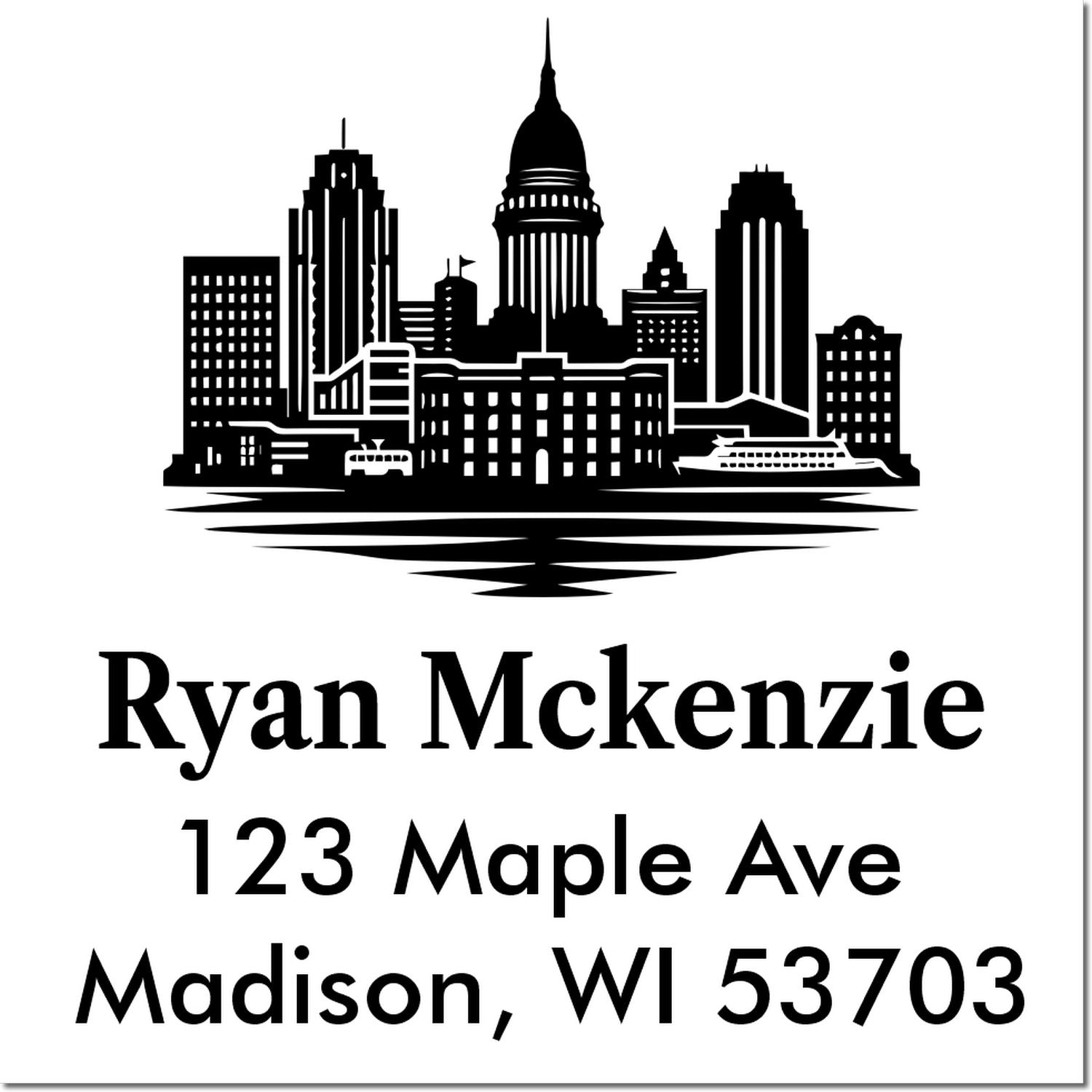 Custom address rubber stamp with Madison skyline, Ryan Mckenzie, 123 Maple Ave, Madison, WI 53703.